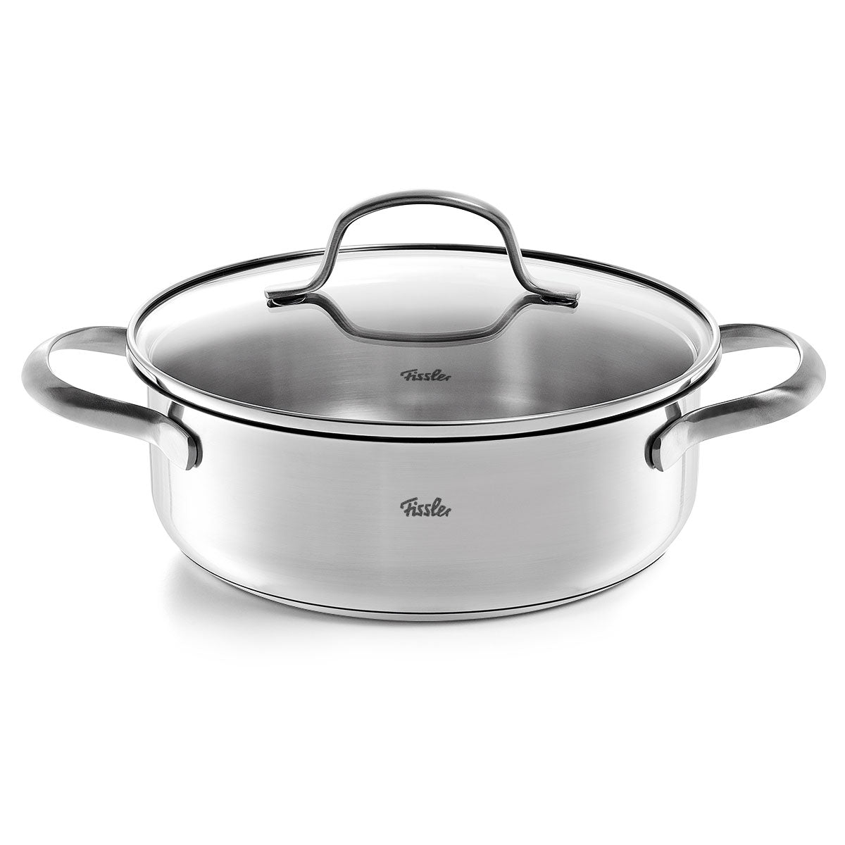 Fissler San Francisco Bratentopf aus Edelstahl 18/10, mit zwei Griffen, Glasdeckel, induktionsgeeignet, Fissler Logo auf Topf & Deckel.