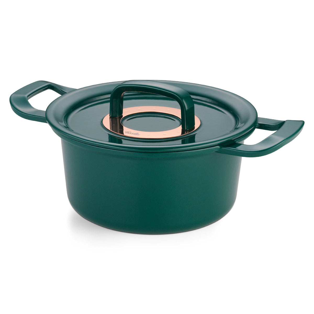 Fissler Original-Profi Collection® grüner gusseiserner Dutch Oven mit seitlichen Griffen und Metalldeckel, modernes deutsches Design auf Weiß.
