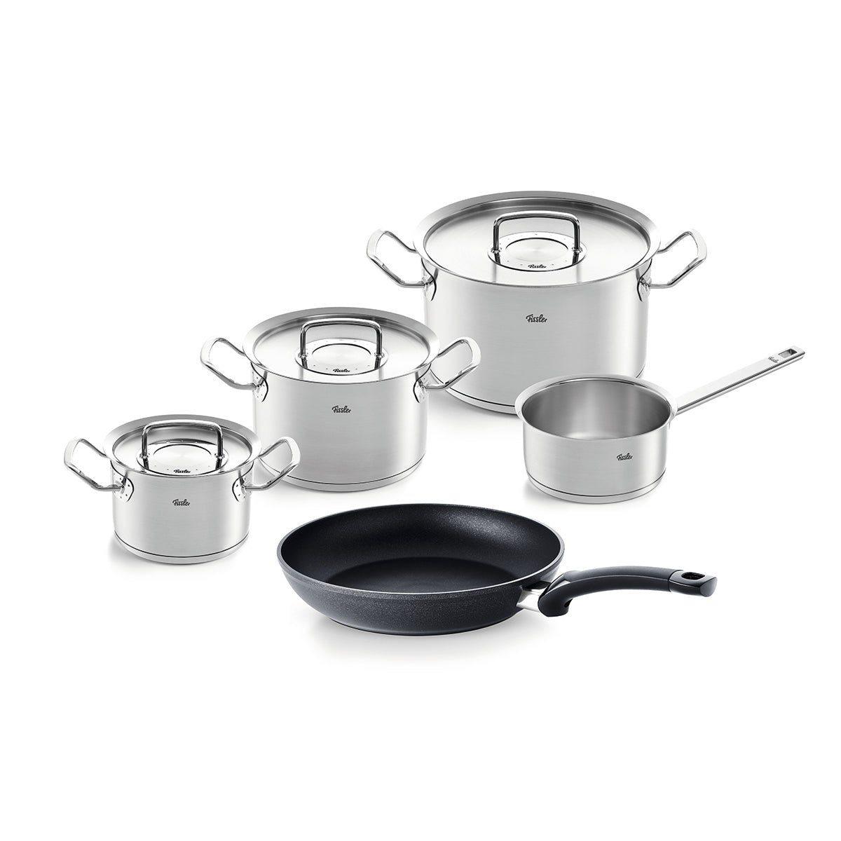 Fissler Original-Profi Collection® 5-piece set: 3 stainless steel pots with Lid, Saucepan and Levital Classic Frying Pan on a white background.