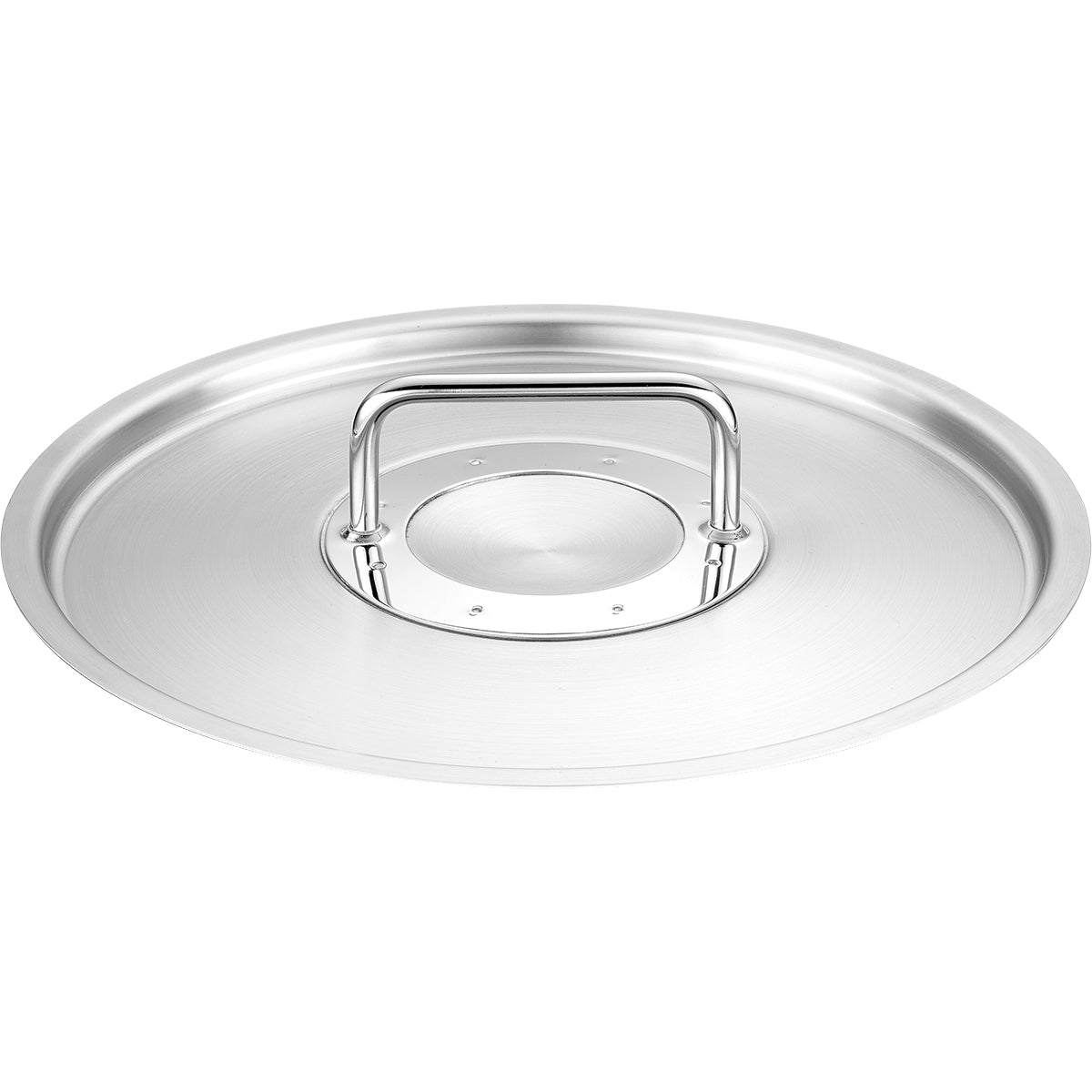 Fissler Pure Collection 24 cm Edelstahldeckel, flach und rund mit ergonomischem Griff. Modernes, zeitloses deutsches Design auf Weiß.