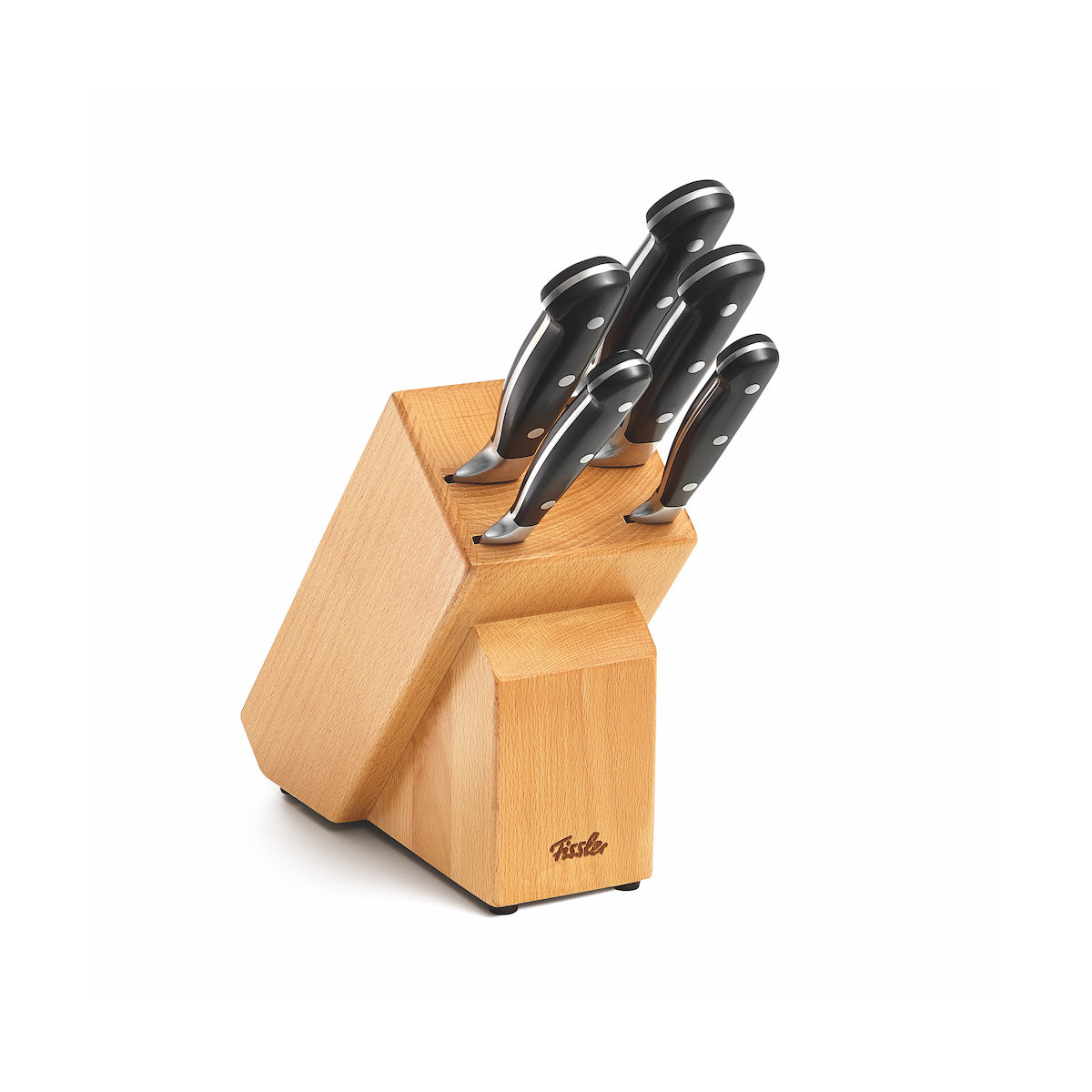 Fissler Alaska Messerblock, 6-teiliges Set: fünf Messer aus CNC-gefrästem Holz, schwarze Griffe. Deutscher Präzisionsstahl auf weißer Unterlage.