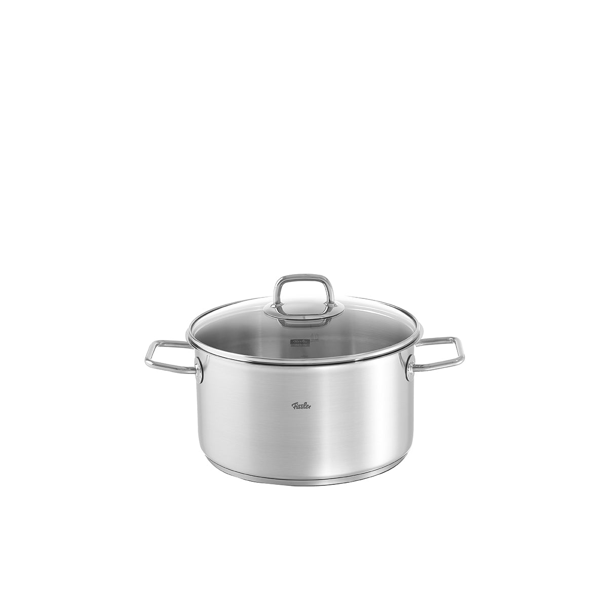Fissler Viseo® Cooking Pot: stainless steel, Glass Lid, two side handles. Induction-compatible. Modern German design on a white background.