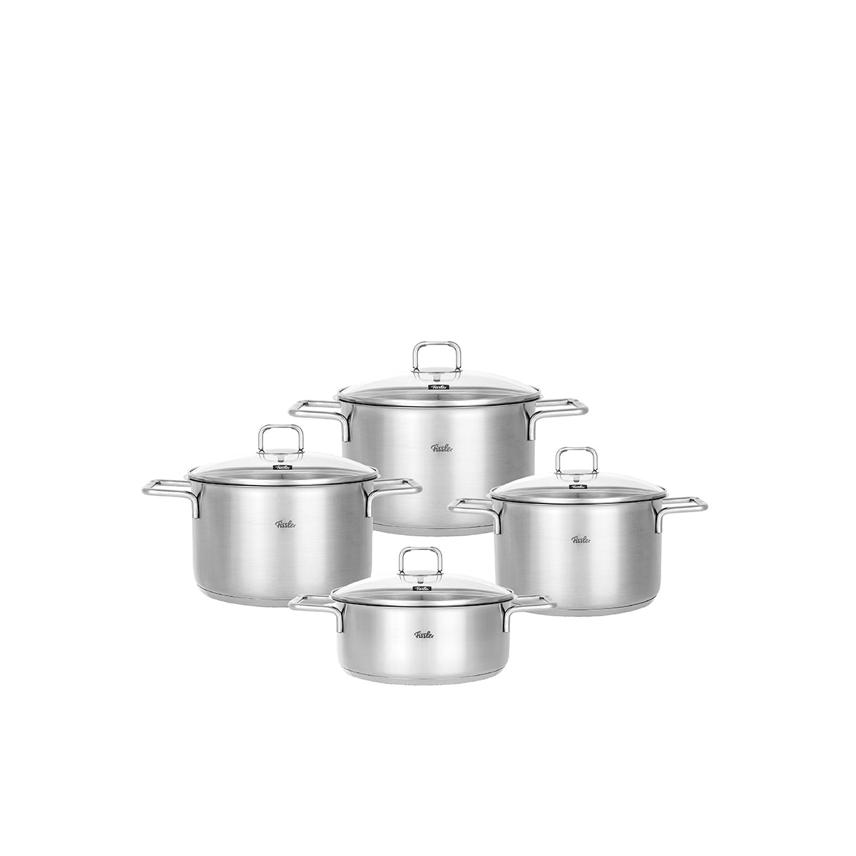 The Fissler Hamburg Cookware Set: 4 stainless steel pots with glass lids, suitable for induction, arranged in two rows from large to small.