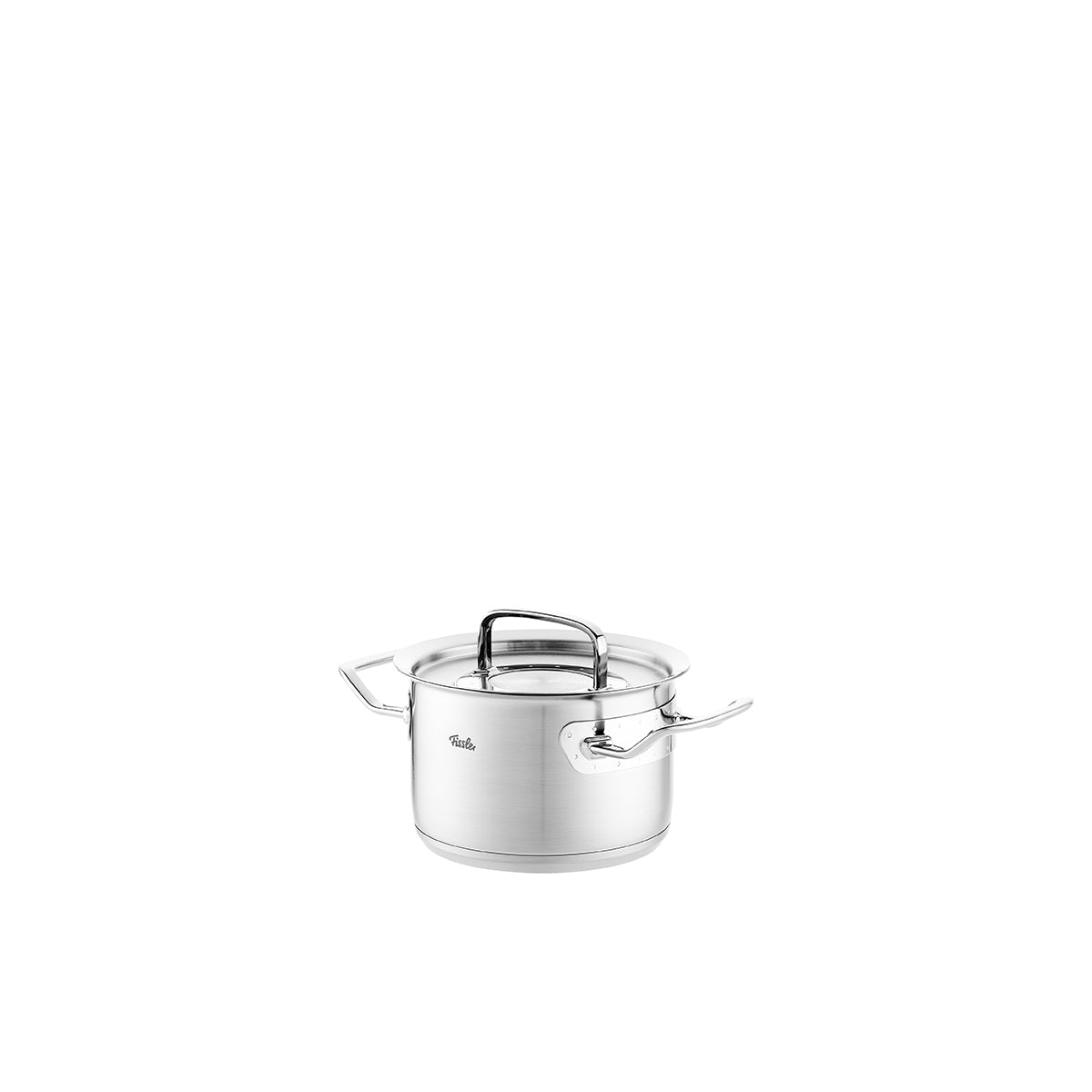 Fissler Original-Profi Collection® Cooking Pot made of stainless steel, with Lid and two handles, suitable for induction, against a white background.