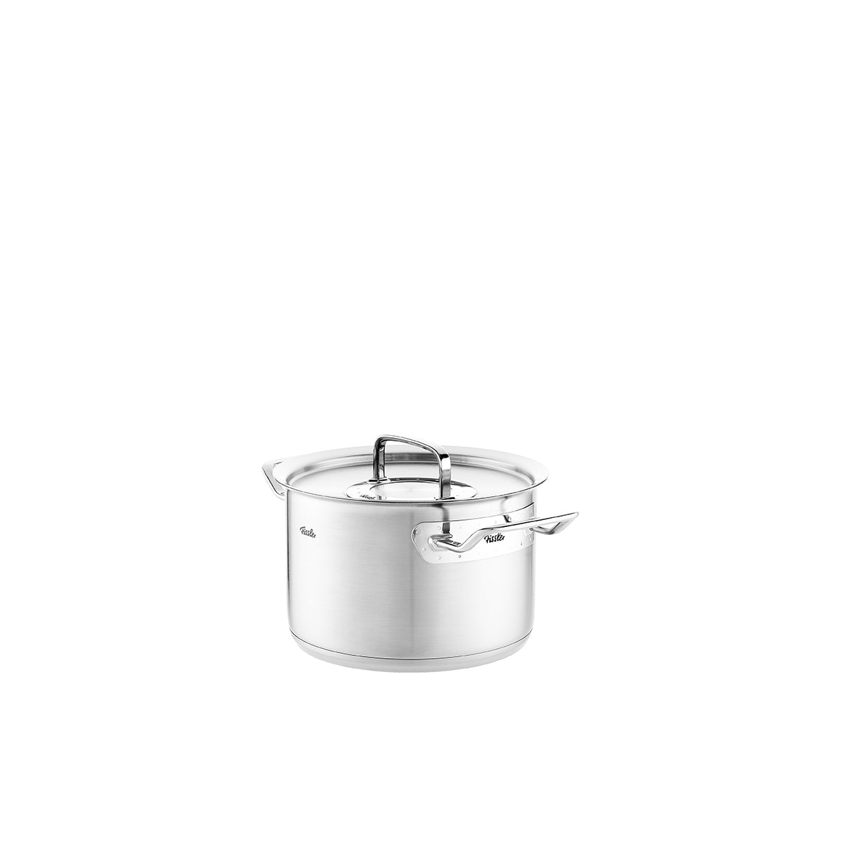 Fissler Original-Profi Collection® Cooking Pot in stainless steel, with Metal Lid and handles, suitable for induction, on a white background.