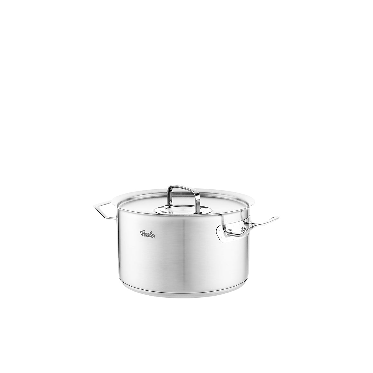 Fissler Original-Profi Collection® 4-teiliges Topfset aus Edelstahl, made in Germany, mit Deckeln und seitlichen Griffen auf weißem Grund.