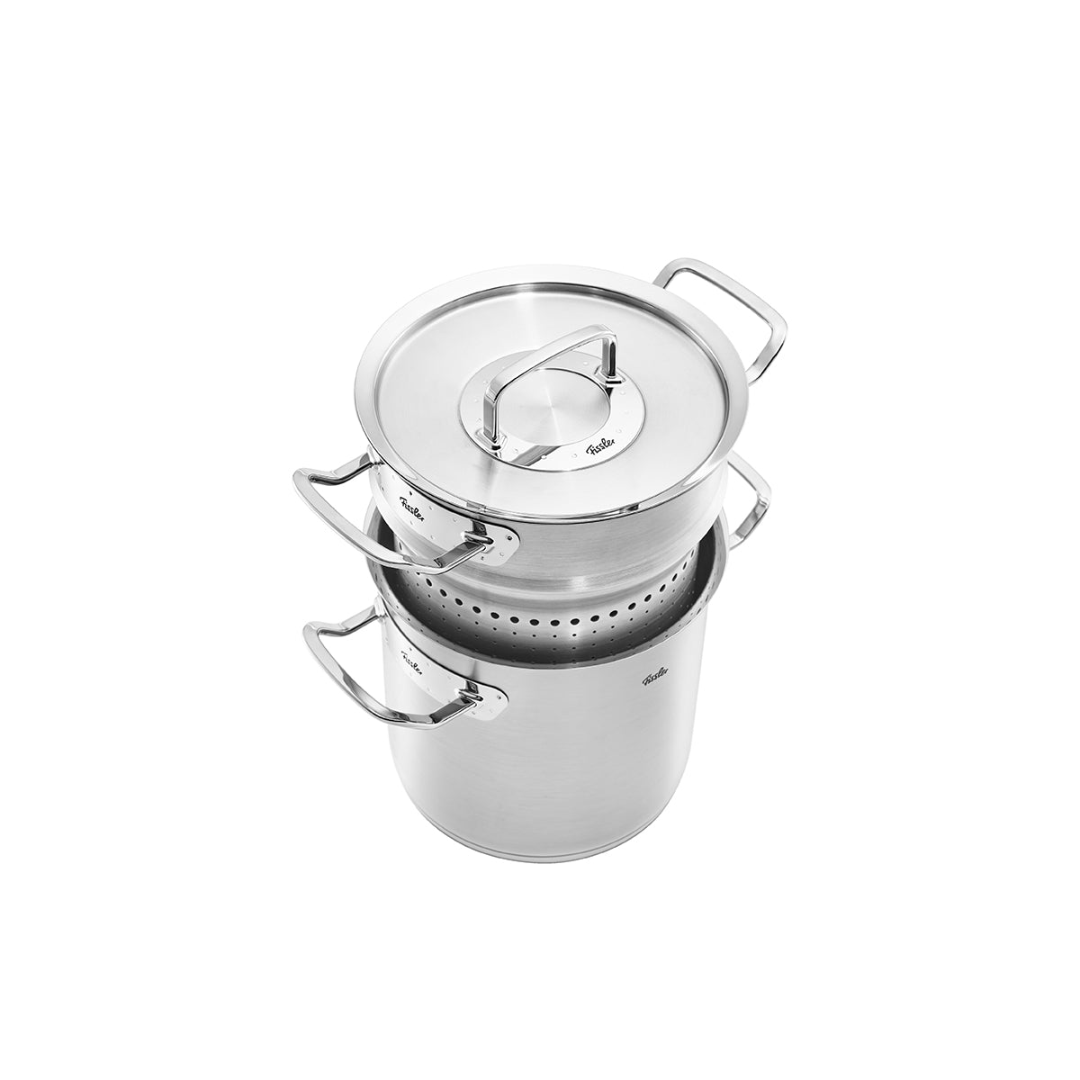 Fissler Original-Profi Collection® 20cm Pasta Pot Set with Lid and Strainer, High-Quality German Stainless Steel, on White Background.