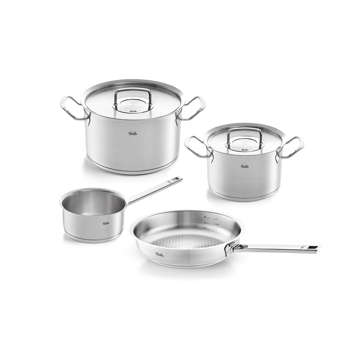 Fissler Original-Profi Collection® 4-teiliges Topfset aus Edelstahl mit Metalldeckeln, made in Germany, auf weißem Grund.