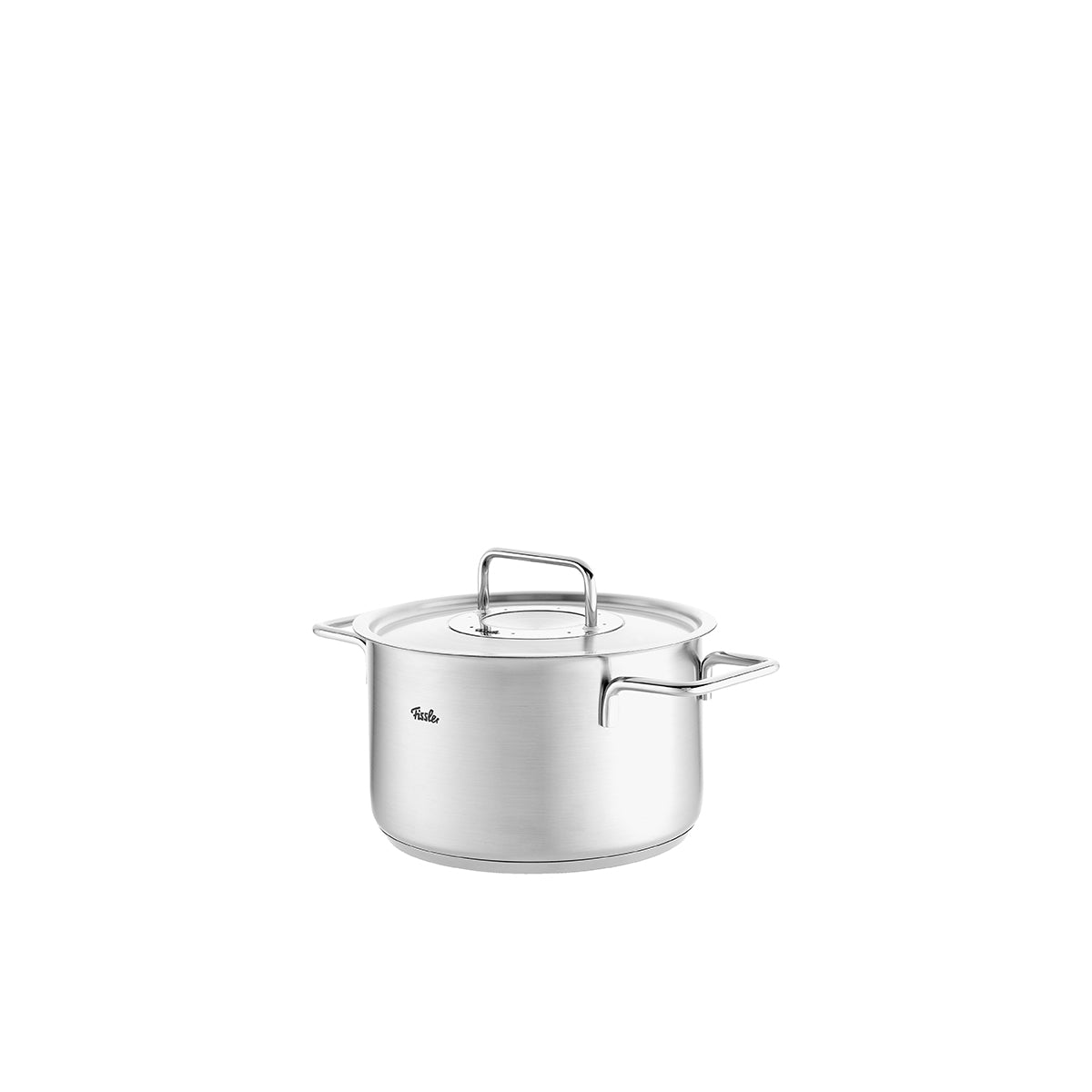 Fissler Pure Collection stainless steel pot with metal lid and side handles, precision-made in Germany, on a white background.
