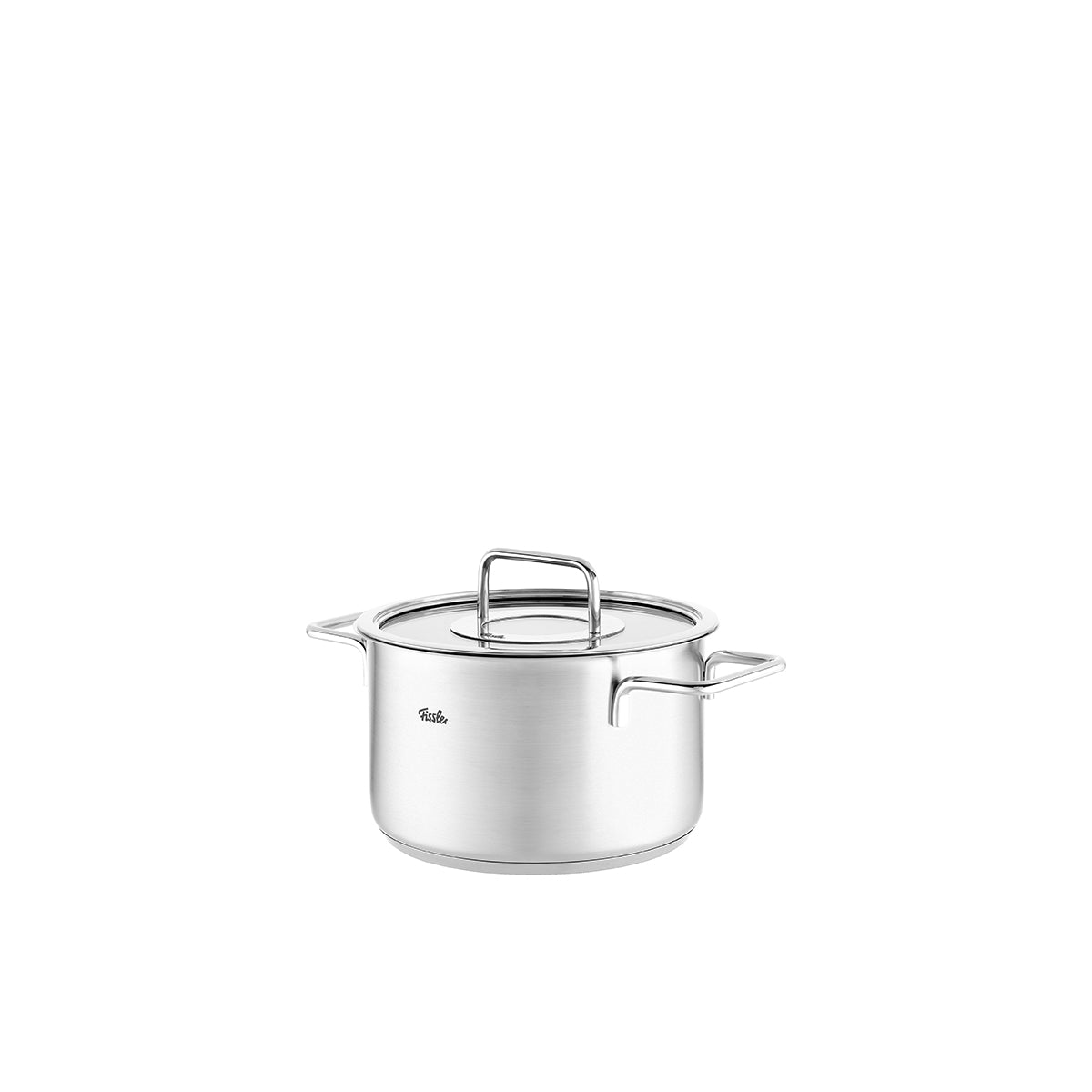 Fissler Pure Collection Cooking Pot with Glass Lid, made in Germany, durable stainless steel pot with two handles on a white background.
