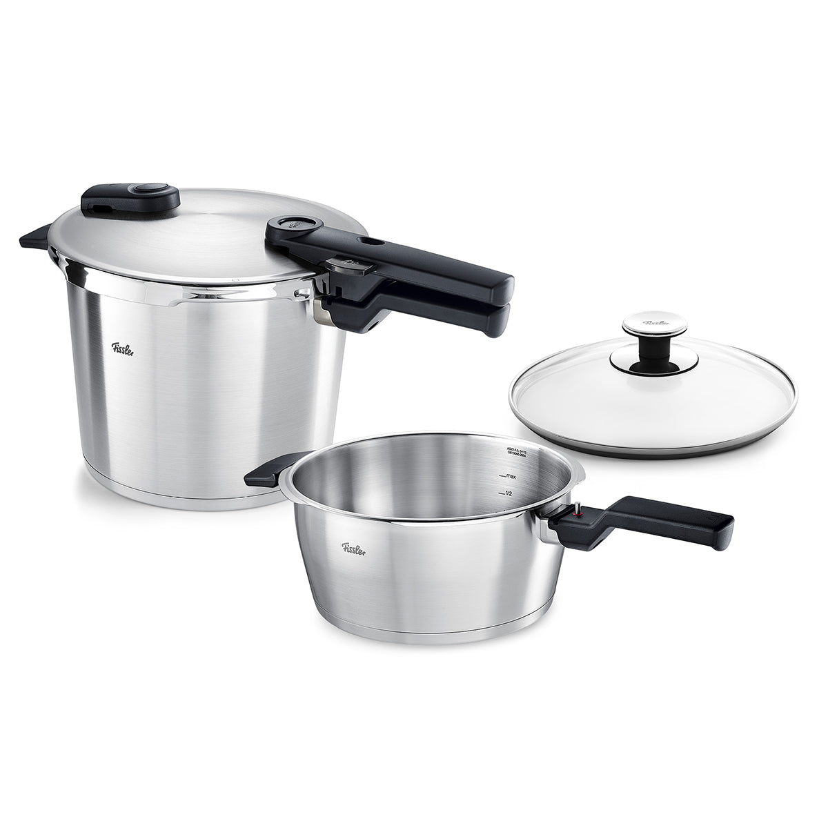 Vitaquick® Premium 2er-Set: zwei Präzisions-Schnellkochtöpfe von Fissler aus Edelstahl, schwarze Griffe, Deckel, auf weißem Hintergrund.