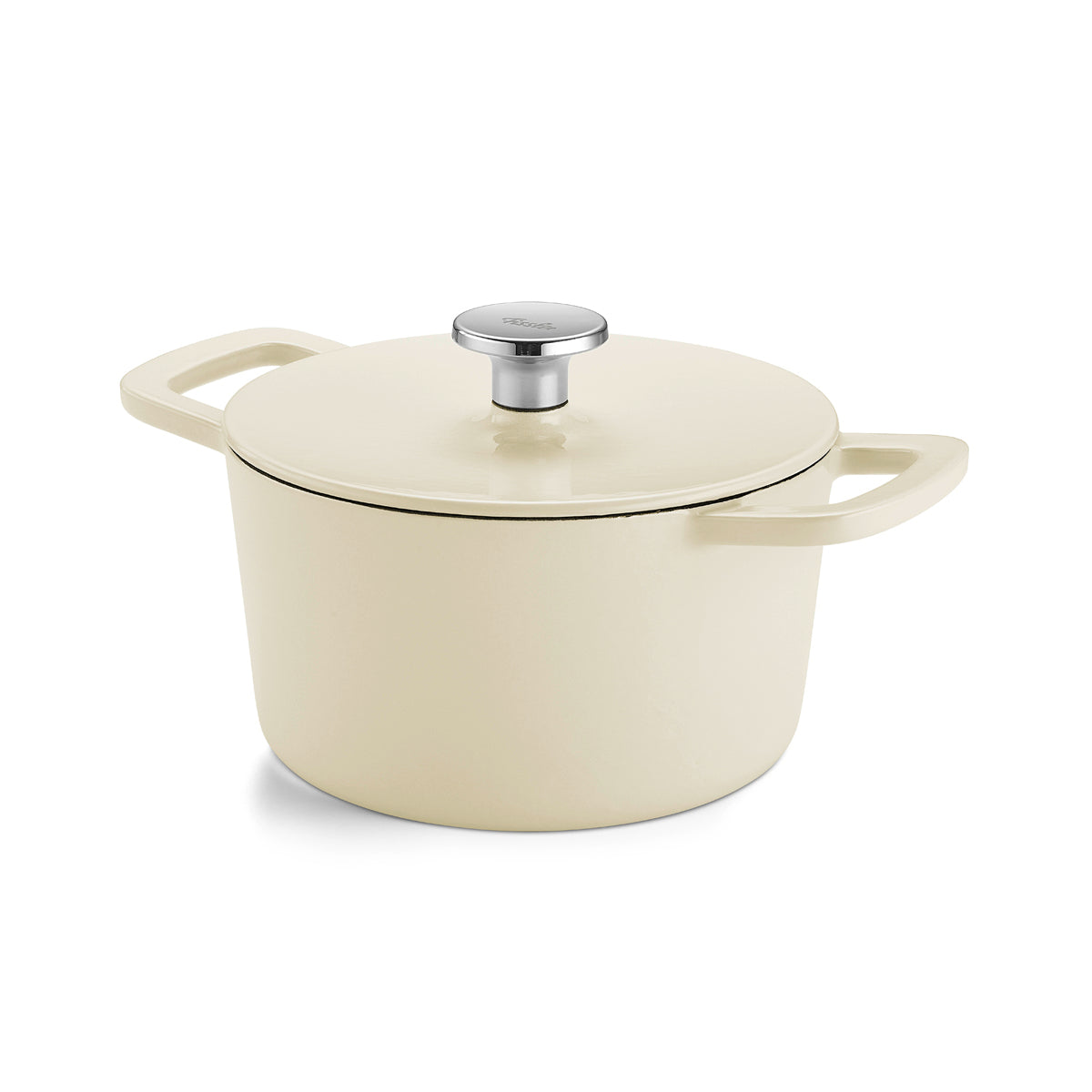 Fissler Moments Collection cremefarbener Gusseisentopf mit Deckel und Silberknauf - modernes, langlebiges deutsches Design für effizientes Kochen.