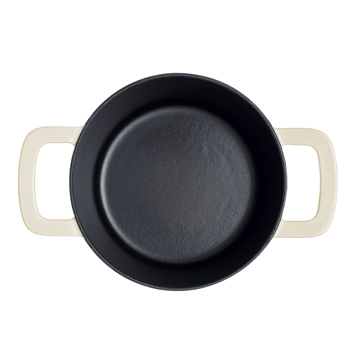 Draufsicht auf einen Fissler Moments Gusseisentopf mit beigen Griffen, der deutsche Qualität und modernes Design verkörpert, auf weißem Hintergrund.