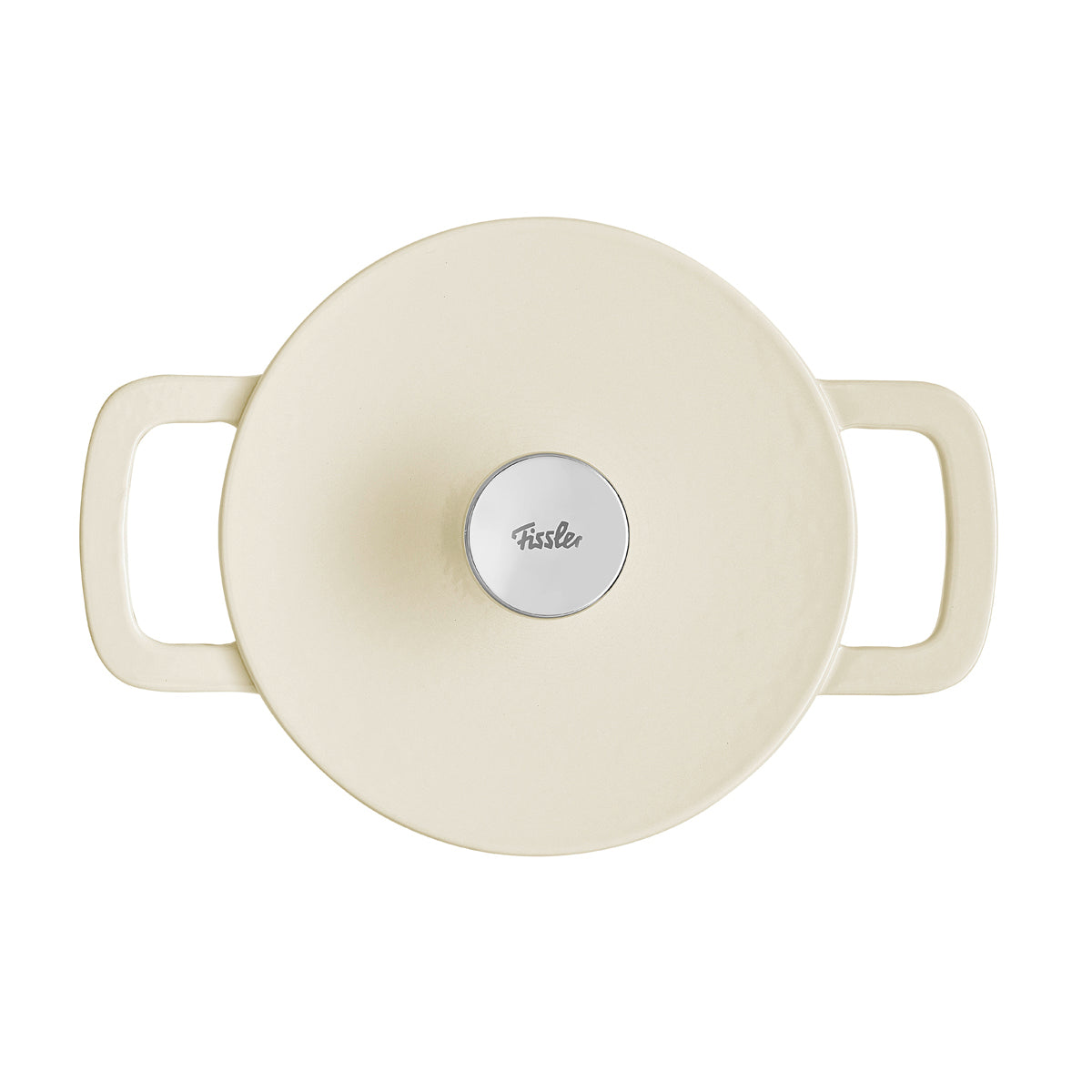 Draufsicht auf den cremefarbenen Fissler Moments Gusseisen Topf mit Deckel und Griffen in Weiß - zeitloses deutsches Design, energieeffizientes Kochen.