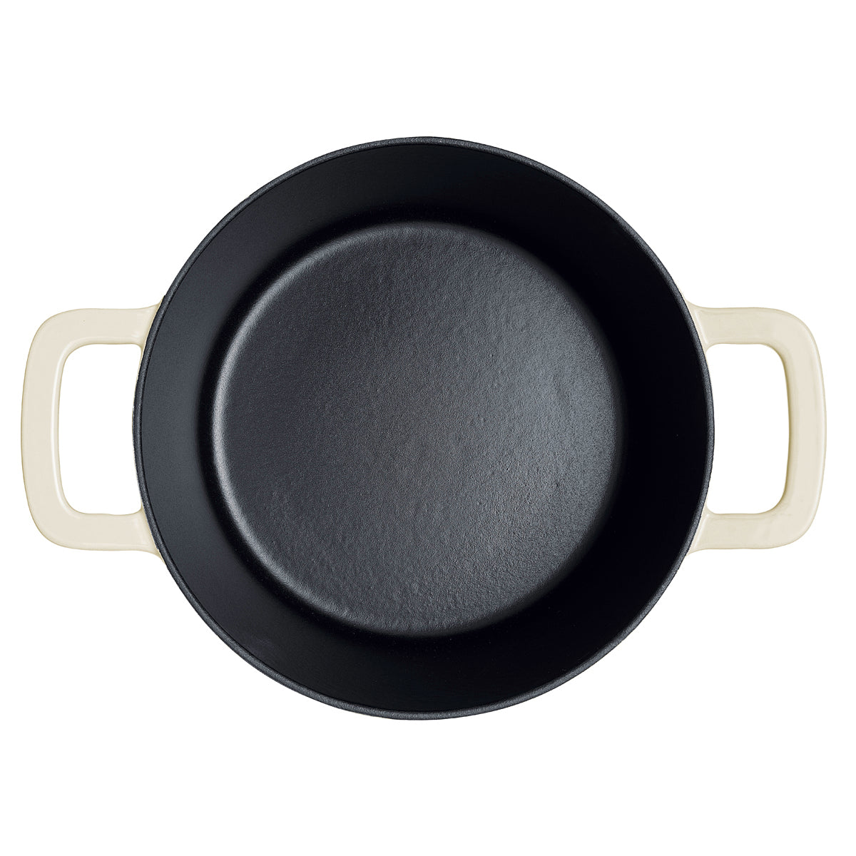 Draufsicht auf den schwarzen Fissler Moments Gusseisen Topf mit cremefarbenen Griffen - präzisionsgefertigt, langlebig und made in Germany.