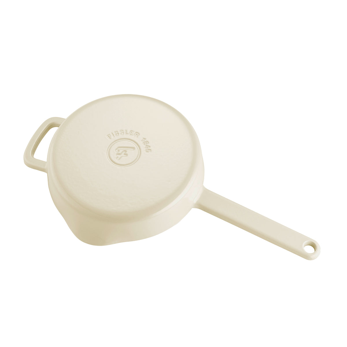 Cream-colored Fissler Moments cast iron Frying Pan upside down; handle and logo shown. Durable, energy-saving German Cookware.