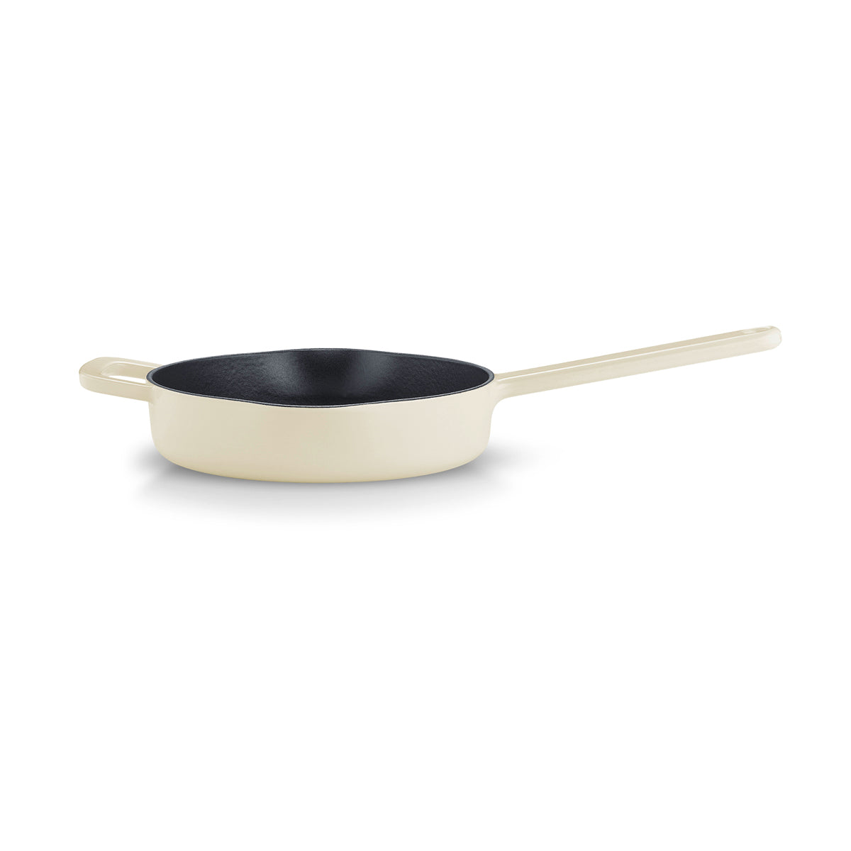 Moments Collection Cast Iron Frying Pan in Cream, durable & modern, with long handle and black interior, presented on white.