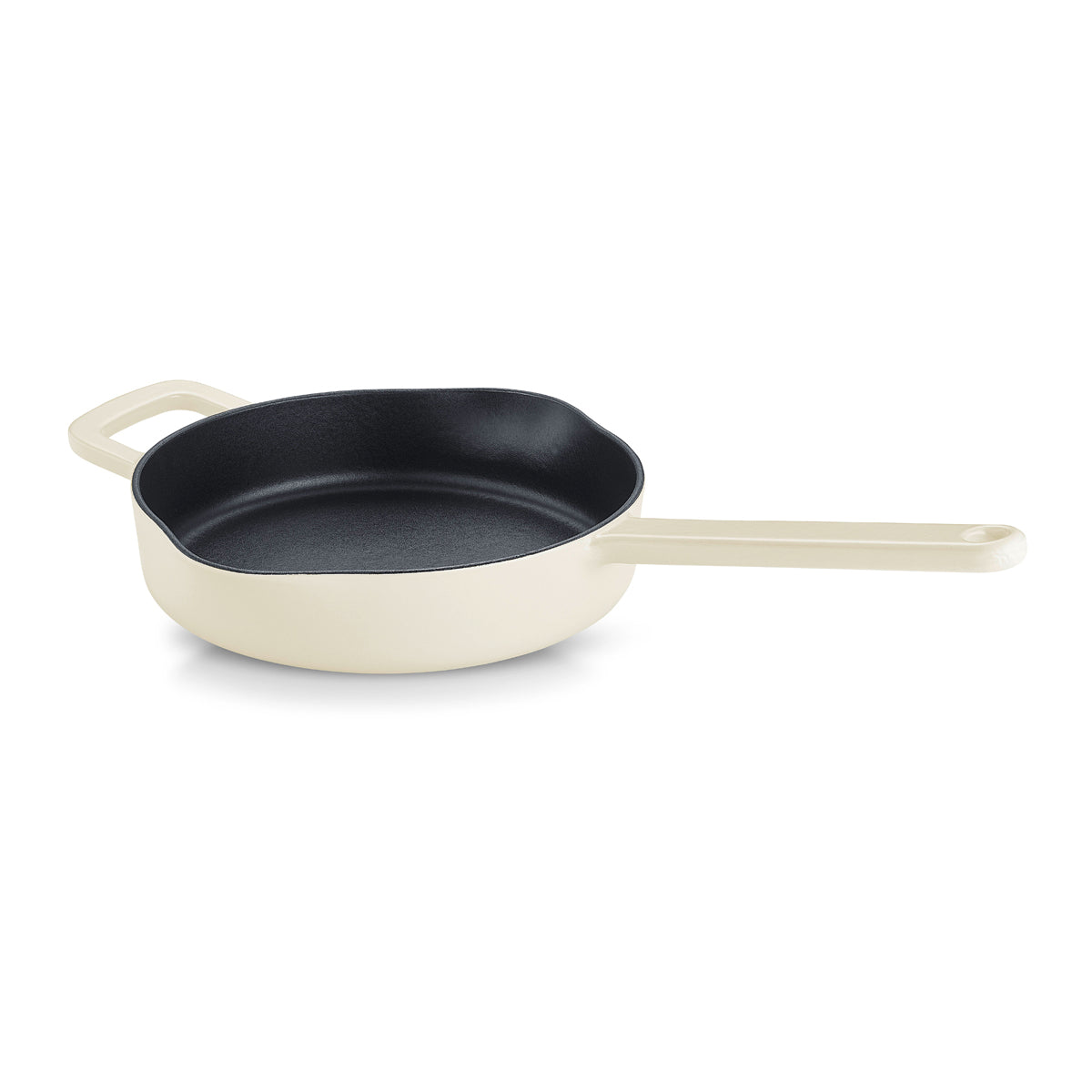 Fissler Moments cast iron Frying Pan: cream outside, black inside, with long handles and helper handles. Made in Germany, durable, energy-saving.