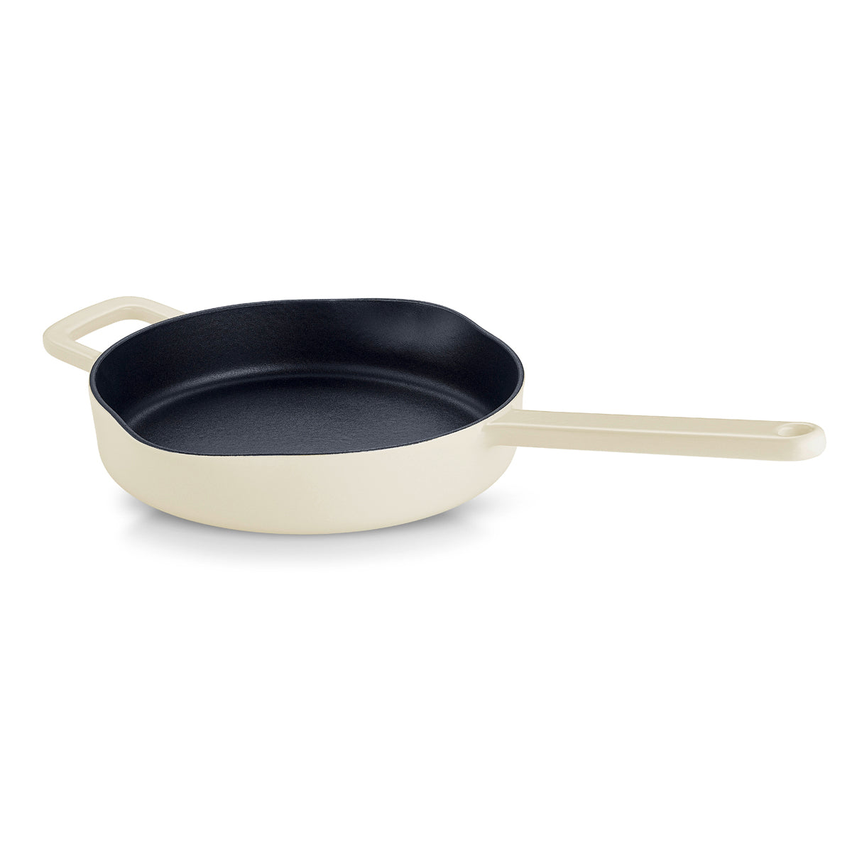 Fissler Moments Cast Iron Frying Pan: cream-coloured enameled cast iron pan, matte black inside, ergonomic handles. Shown on white.