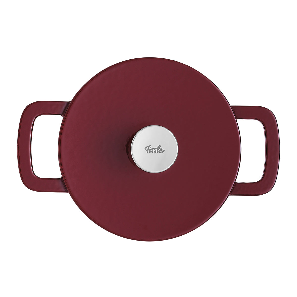 Draufsicht auf einen tiefroten Fissler Gusseisen Topf mit Griffen und Silberknauf, der deutsche Qualität und zeitloses Design verkörpert.
