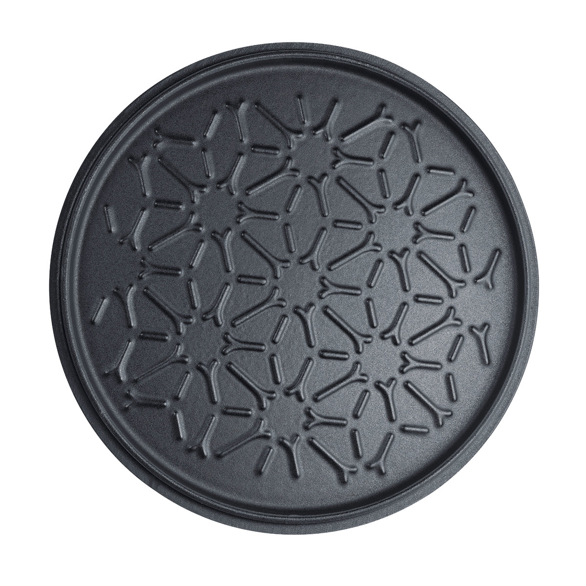 Rundes, dunkelgraues Tablett mit geometrischem Muster - modernes, funktionelles Design. Perfekt zum Servieren von Kochgeschirr aus der Fissler Moments Collection.