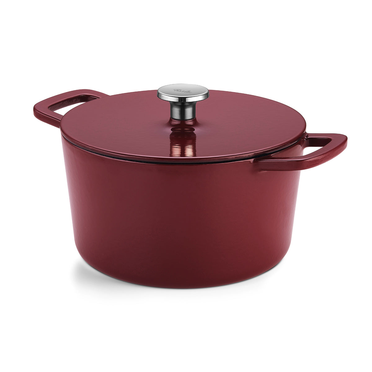 Burgunderroter , runder Gusseisentopf der Fissler Moments Collection mit Deckel und silbernem Knauf - zeitloses deutsches Design für energieeffizientes Kochen.