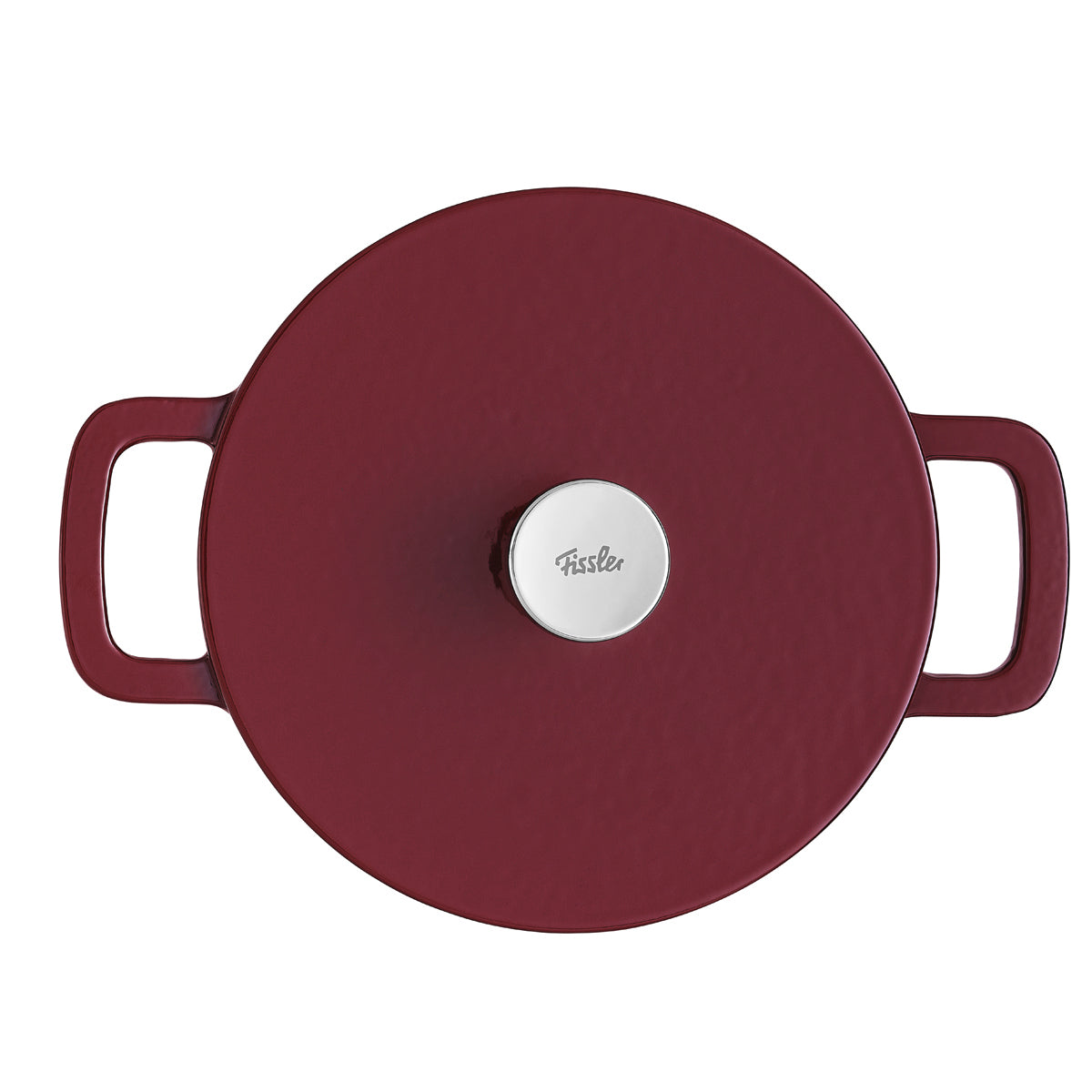 Der burgunderrote Fissler Moments Gusseisen Topf mit zwei Griffen und silbernem Deckelknauf - präzises, langlebiges deutsches Design.