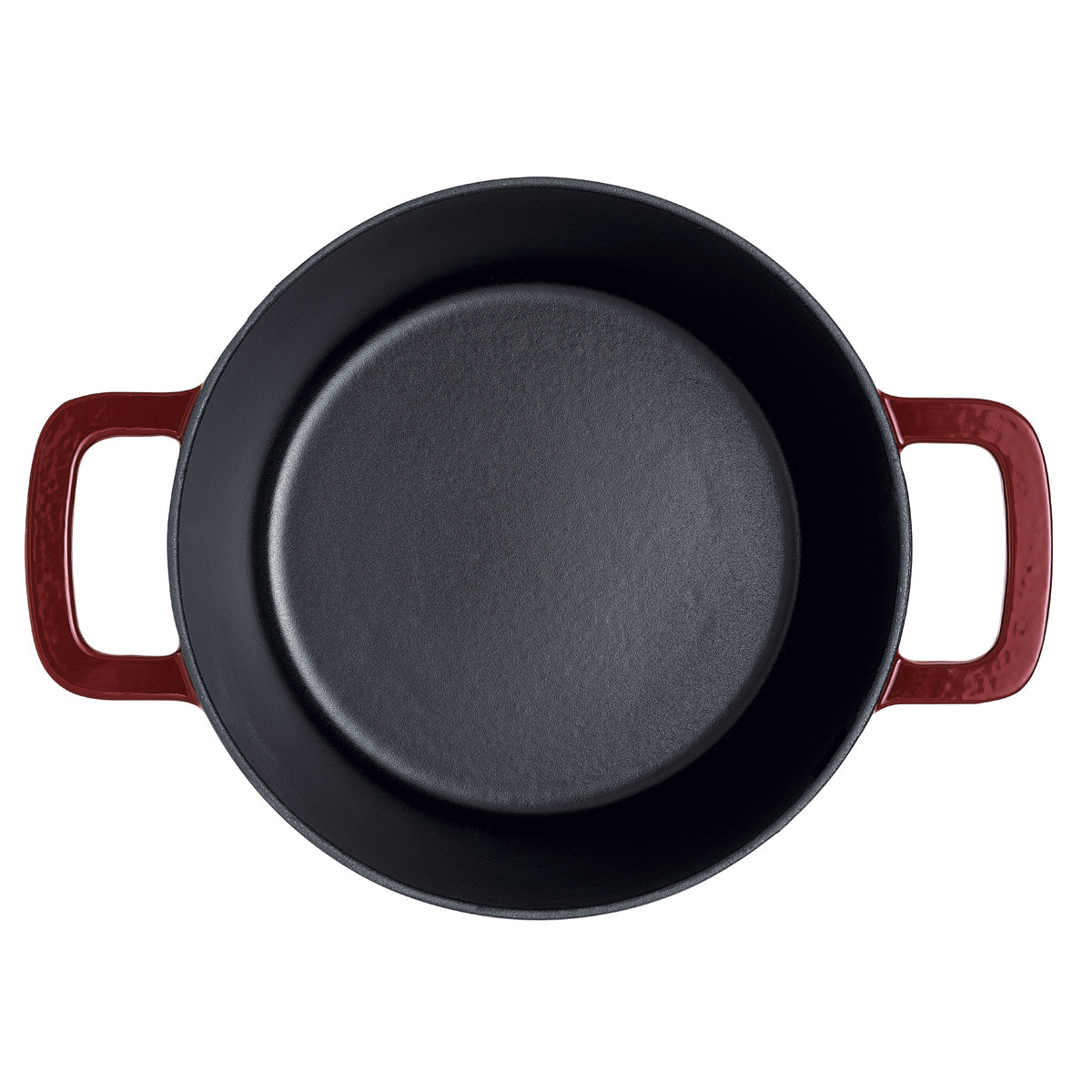 Draufsicht auf einen Fissler Moments Gusseisen Topf mit roten Griffen, hochwertiges deutsches Design, dargestellt auf weißem Hintergrund.