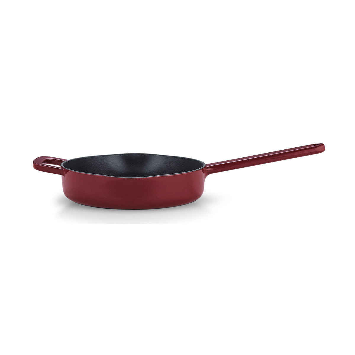 Rote Fissler Moments cast iron Frying Pan with long and helper handle, modern German design, natural Non-Stick Coating for energy-saving cooking.