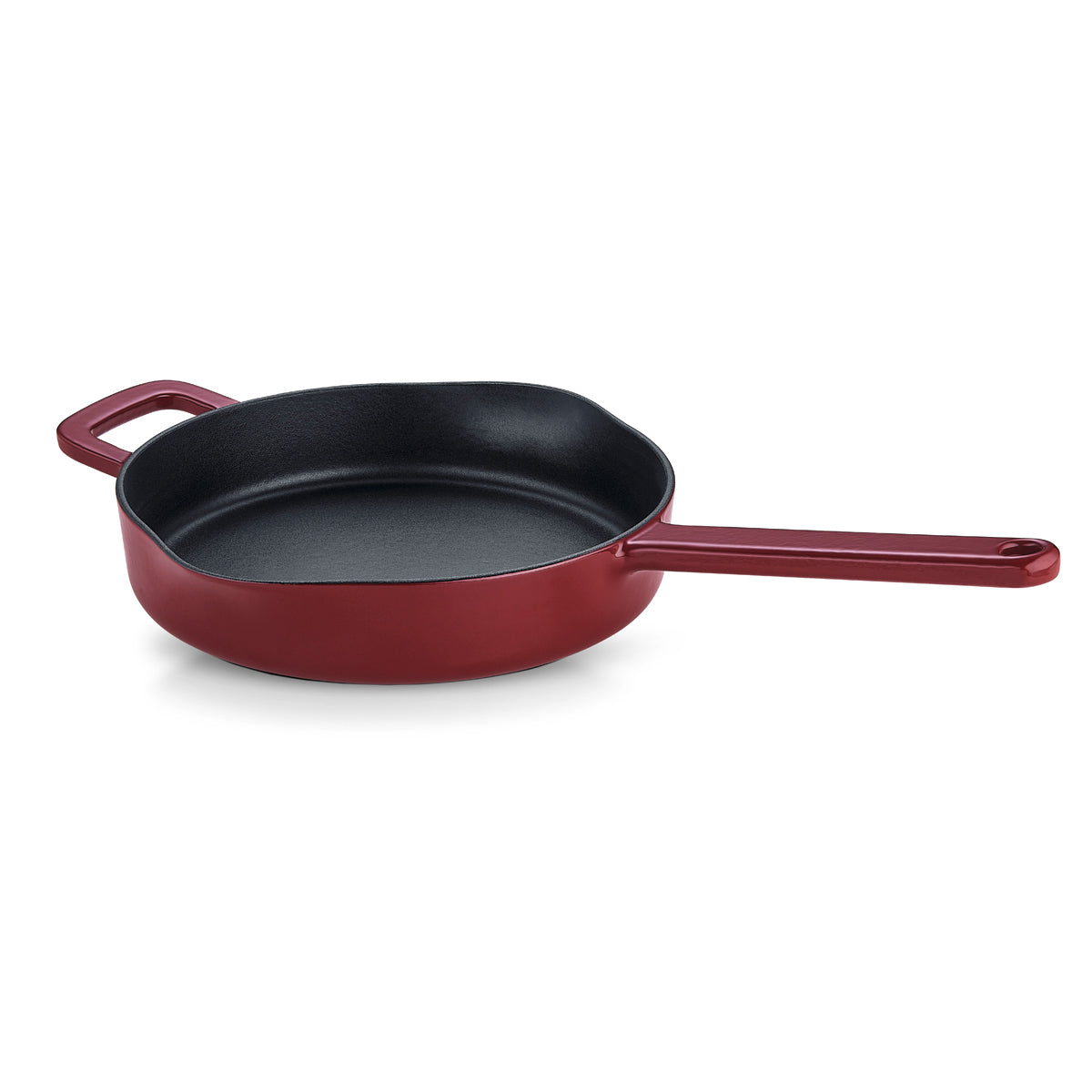 Fissler Moments cast iron Frying Pan, red, black inside, long handle & helper handle. Timeless, energy-saving. On white background.