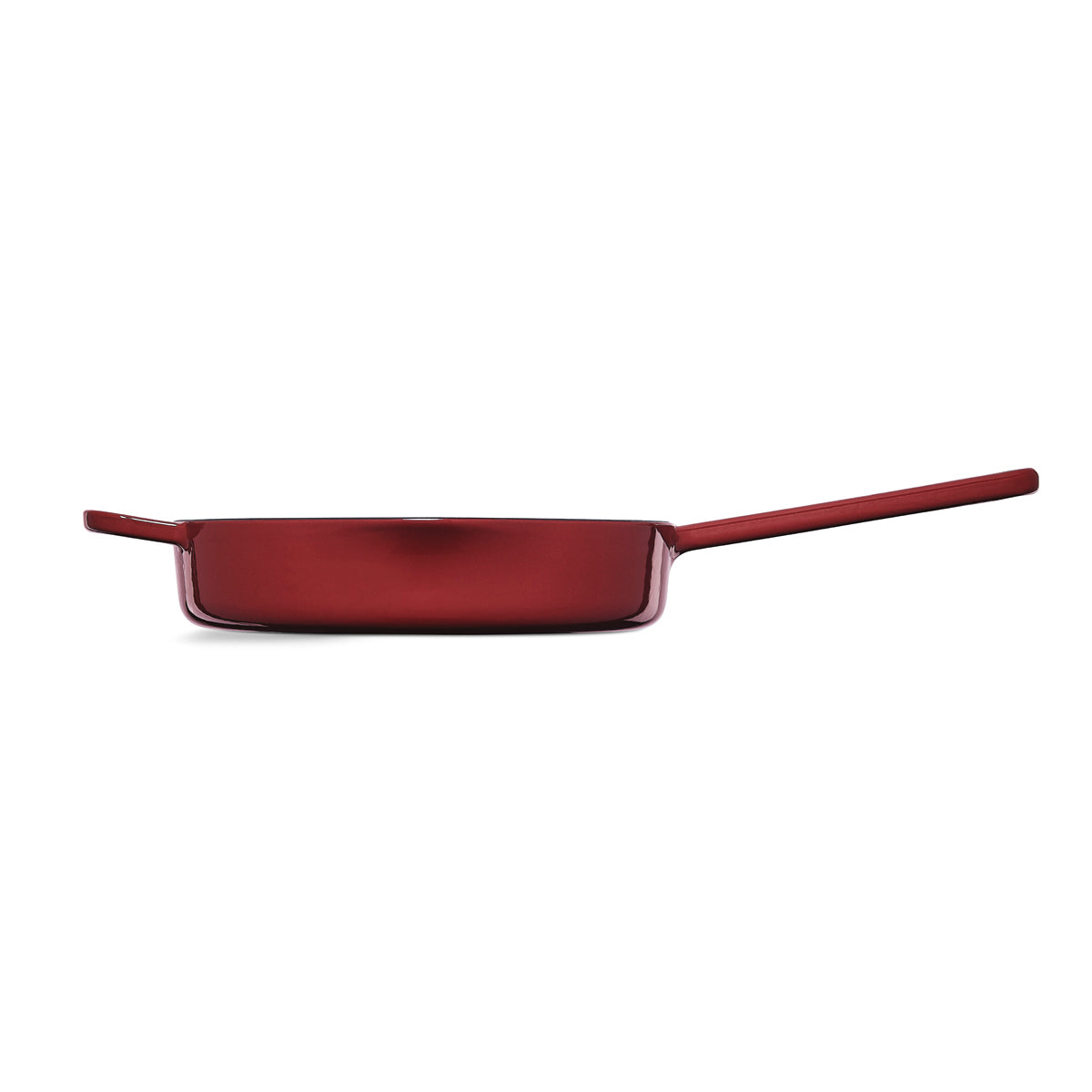 Fissler Moments cast iron Frying Pan in red, rectangular, side profile. Durable cast iron with natural Non-Stick Coating - timeless German design.