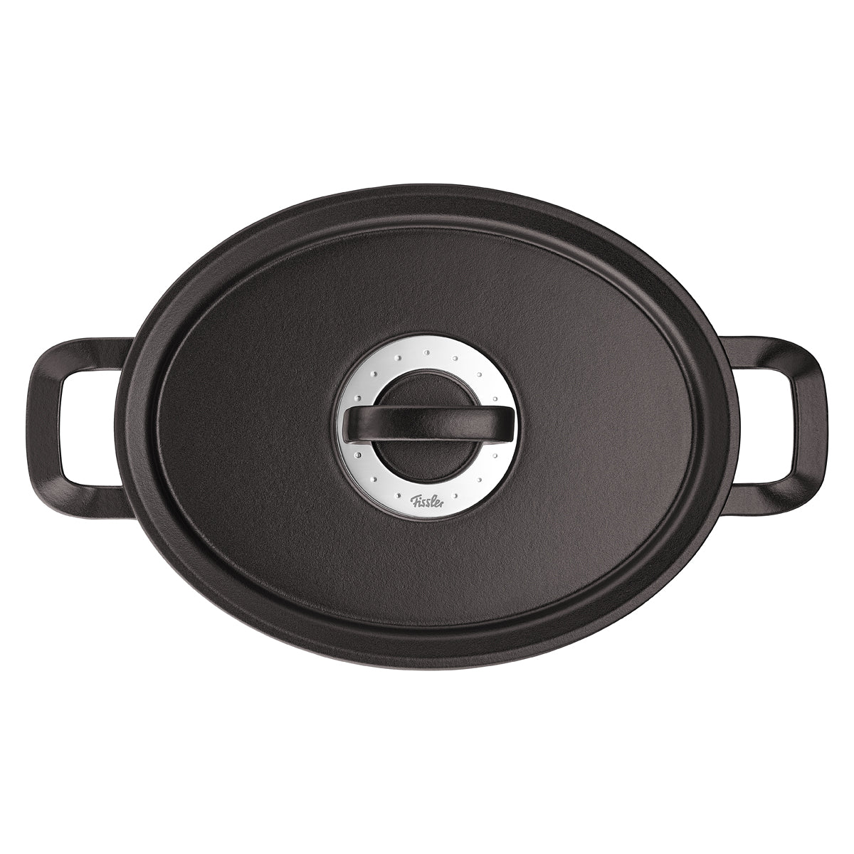 Top view of the black cast iron Dutch oven from the Fissler Original-Profi Collection® with two ergonomic handles and an elegant central metal knob.