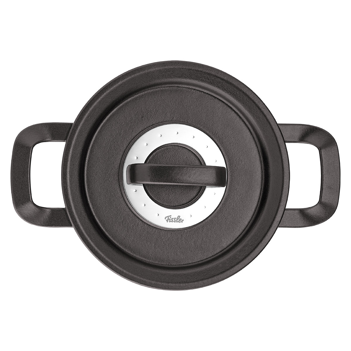 Die Draufsicht auf den schwarzen Gusseisentopf von Fissler aus der Original-Profi Collection® mit zwei Griffen und einem eleganten, silbern akzentuierten Deckel.
