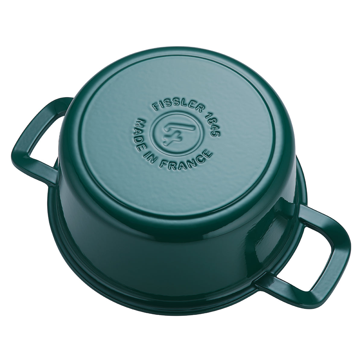 Grüner Gusseisentopf der Fissler Original-Profi Collection®, auf dem Kopf stehend, mit zwei Griffen und einem Boden mit der Prägung "Fissler 1845".