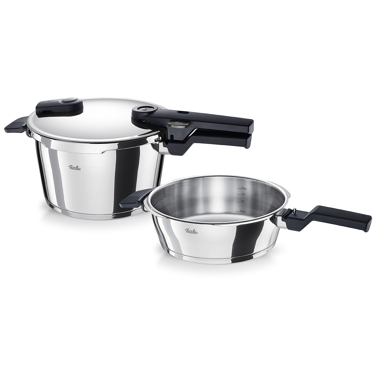 Fissler Vitaquick® 2-tlg. Schnellkochtopf-Set (2,5l & 4,5l), made in Germany, mit schwarzen Griffen, auf weißem Hintergrund.