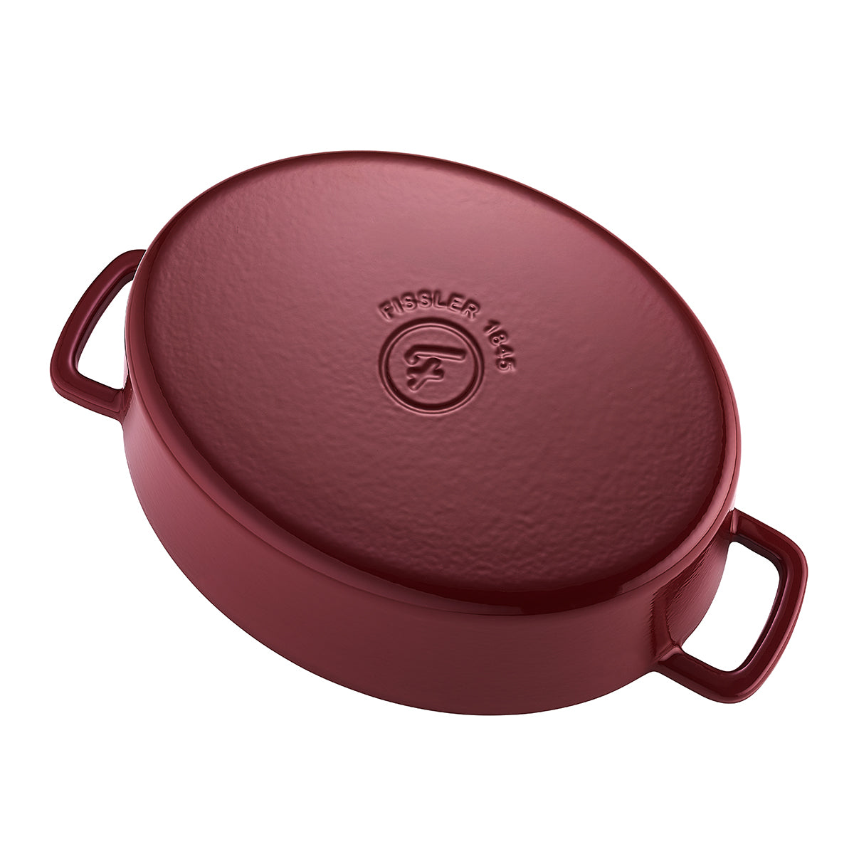 Fissler Moments Collection chestnut brown oval cast iron casserole with lid, two handles, and embossed logo - modern, durable German design.