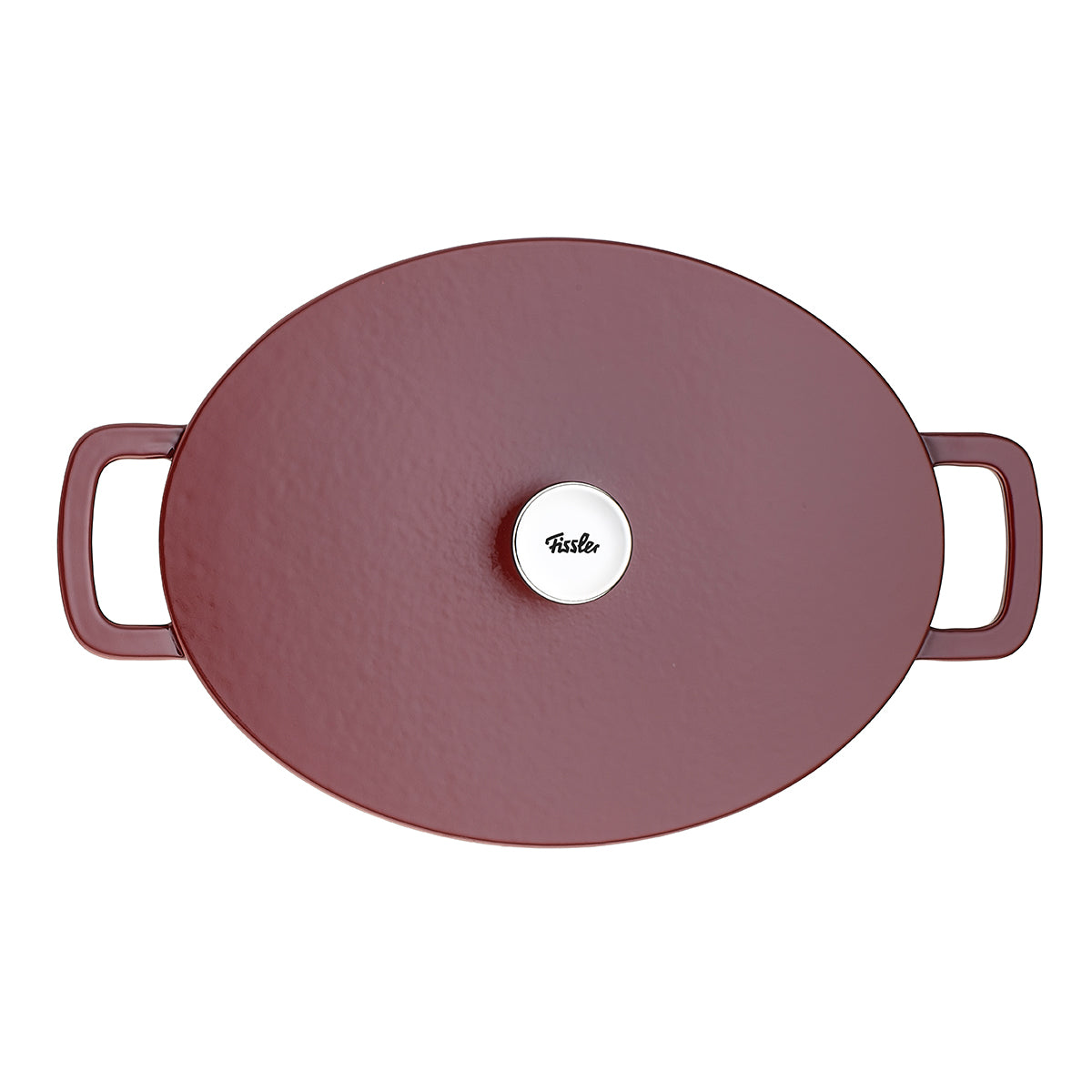 Fissler Moments cast iron casserole in chestnut brown, oval with slim handles and a silver knob - German design for energy-efficient cooking.
