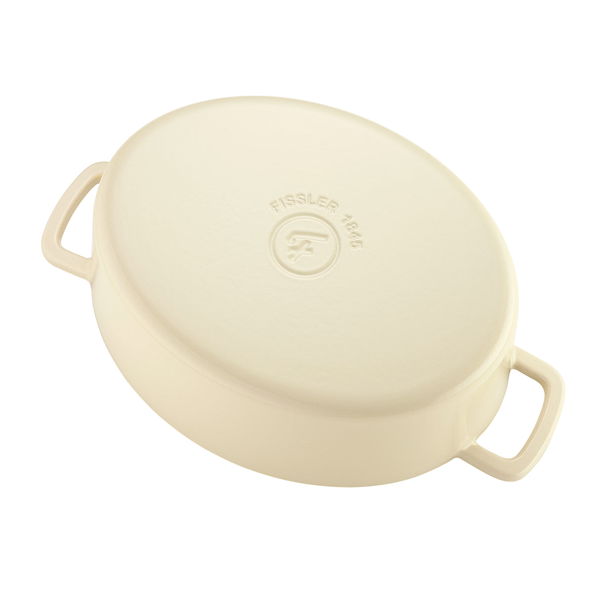 Oval cream-colored Fissler Moments cast iron casserole dish with lid and two handles, featuring the 1845 logo - German, timeless, and durable.
