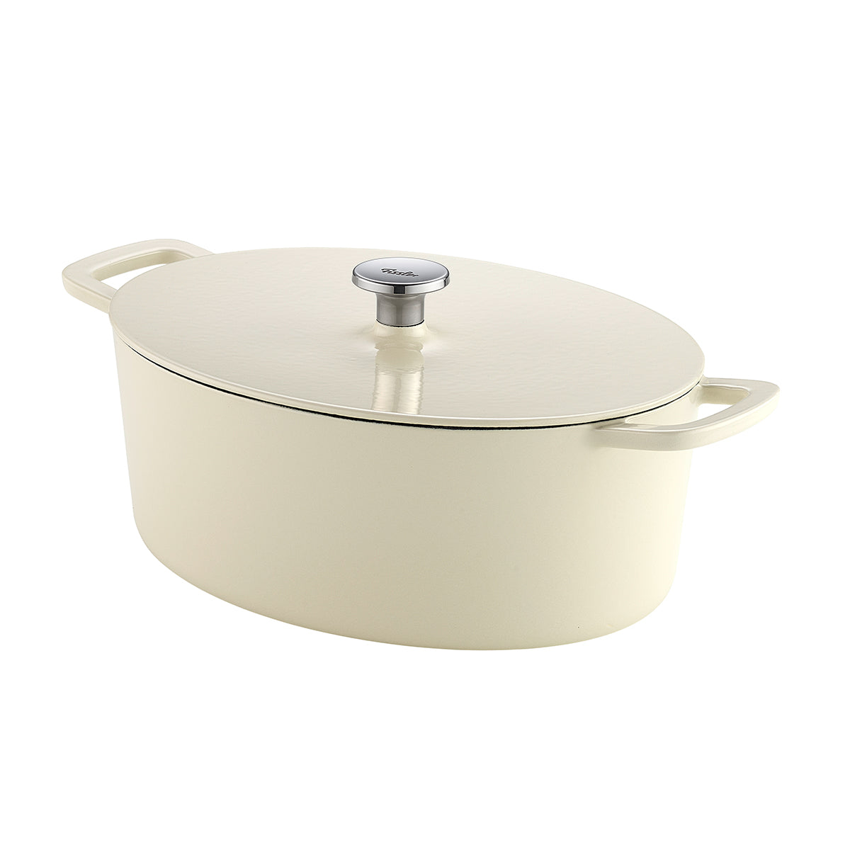 Fissler Moments oval cast iron pot in cream, with two handles and metal knob - precisely crafted for energy-efficient, stylish cooking.