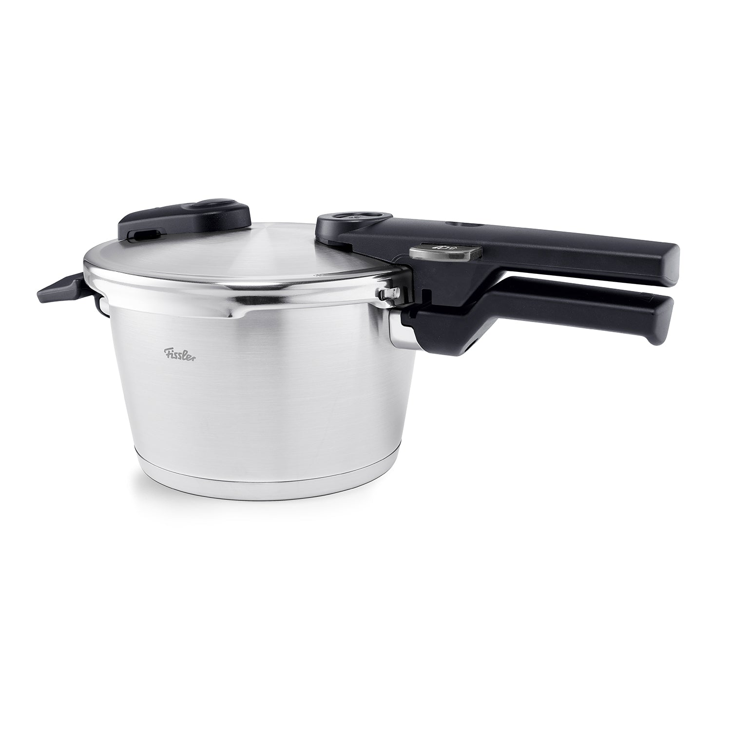 Fissler Vitaquick® Premium: Stainless steel pressure cooker, slim black handle, side view on white. Made in Germany.
