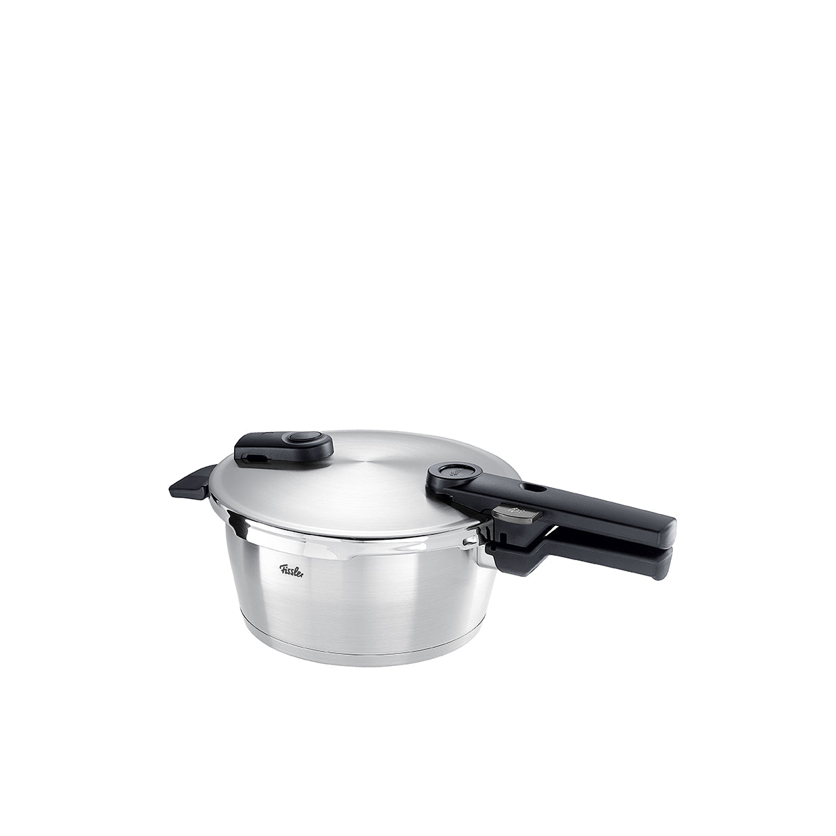 Fissler Vitaquick® Premium stainless steel pressure cooker with black handle and lid lock, precision-made in Germany, on a white background.