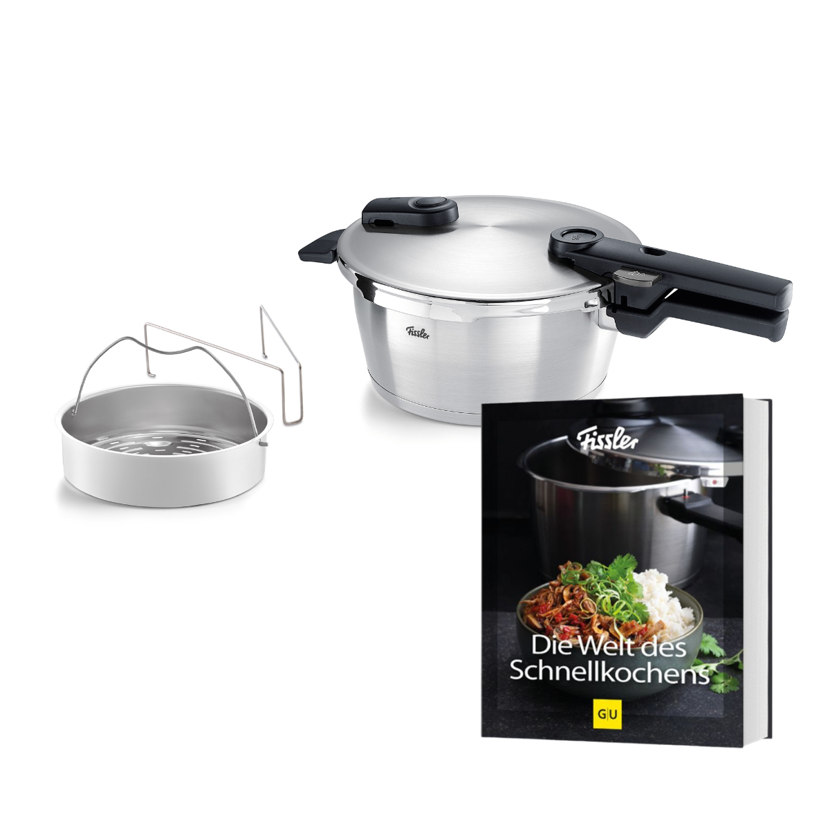 Fissler Vitaquick® Premium Schnellkochtopf mit Dämpfeinsatz und Kochbuch – unser hochwertiger Edelstahl-Schnellkochtopf „Made in Germany“ überzeugt durch präzise Verarbeitung, zeitloses Design und innovative Technik. Mit ergonomischem schwarzem Griff, praktischem Dämpfeinsatz aus Metall zum schonenden Garen, sowie dem Rezeptbuch „Die Welt des Schnellkochens“, das abwechslungsreiche Fissler Schnellkochtopf Rezepte und ein köstliches Food-Foto auf dem Cover präsentiert.