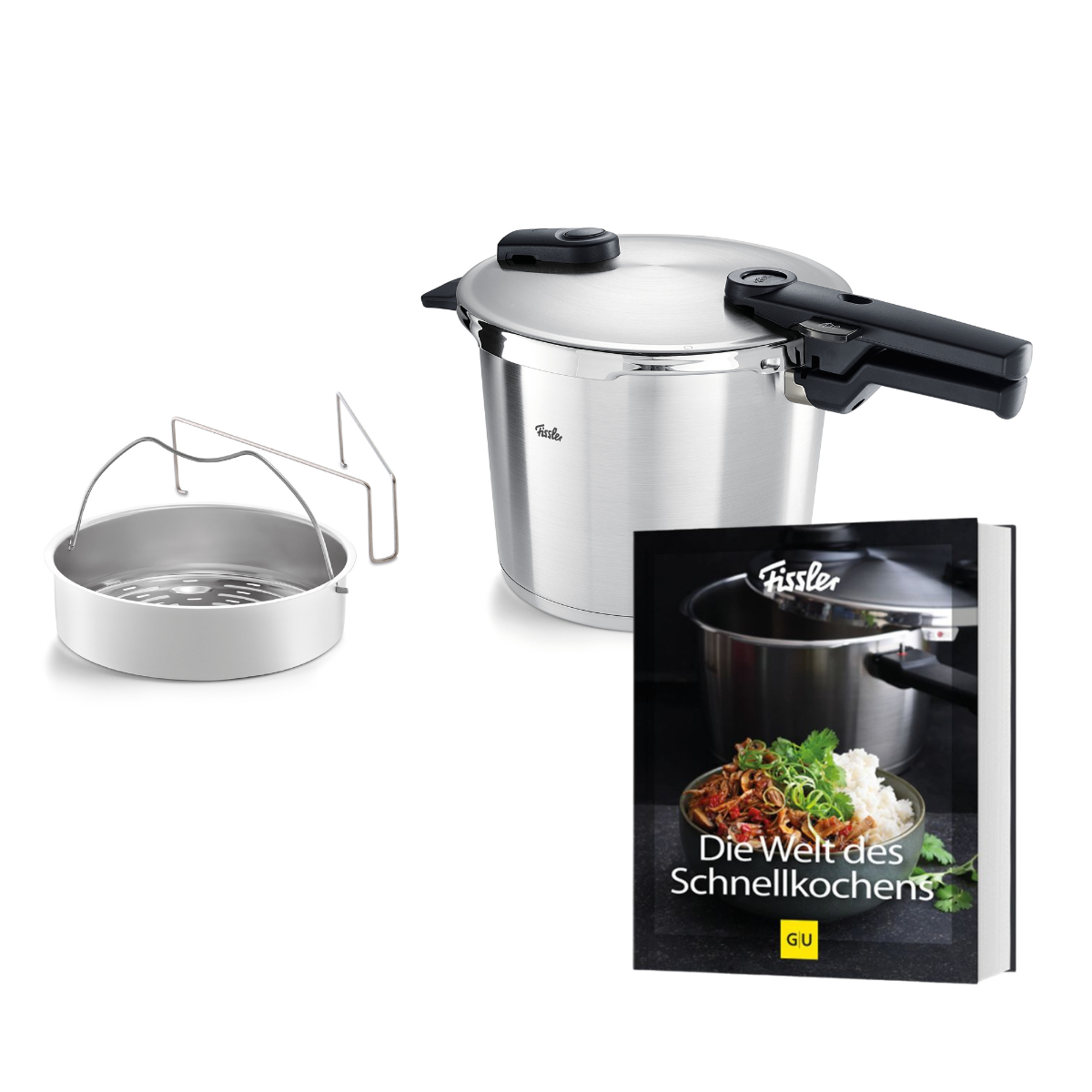 The Vitaquick® Premium 2-piece Set with SKT Book by Fissler showcases our renowned German craftsmanship. Included are a premium stainless steel pressure cooker with an ergonomic black handle, a sturdy metal trivet, and the exclusive cookbook “Die Welt des Schnellkochens,” displaying mouthwatering culinary inspiration alongside our high-quality pressure cooker on its cover. This durable set embodies Fissler’s legacy of innovation, precision engineering, and timeless design—made in Germany since 1845.