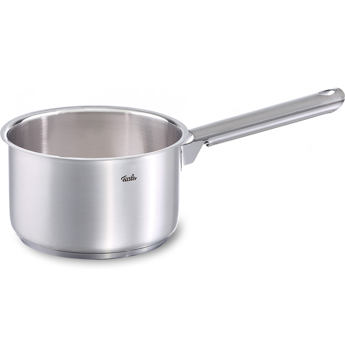 Fissler Family Line Stainless Steel Saucepan, Long Handle, Logo Detail, Superthermic Base - Precision Engineering from Germany.