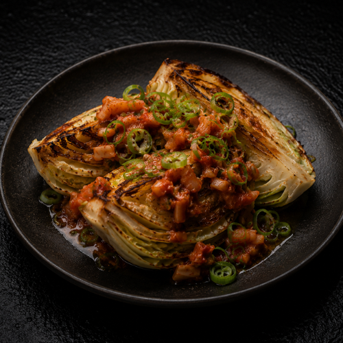 Gegrillte Kohlspalten mit einer farbenfrohen Tomatensalsa und frischen Frühlingszwiebeln, kunstvoll auf einem eleganten dunklen Teller angerichtet und vor einem raffinierten schwarzen Hintergrund in Szene gesetzt. Das Gericht spiegelt präzise Kochkunst und elegante Präsentation wider, inspiriert von Fisslers hochwertigem Kochgeschirr aus deutscher Fertigung.