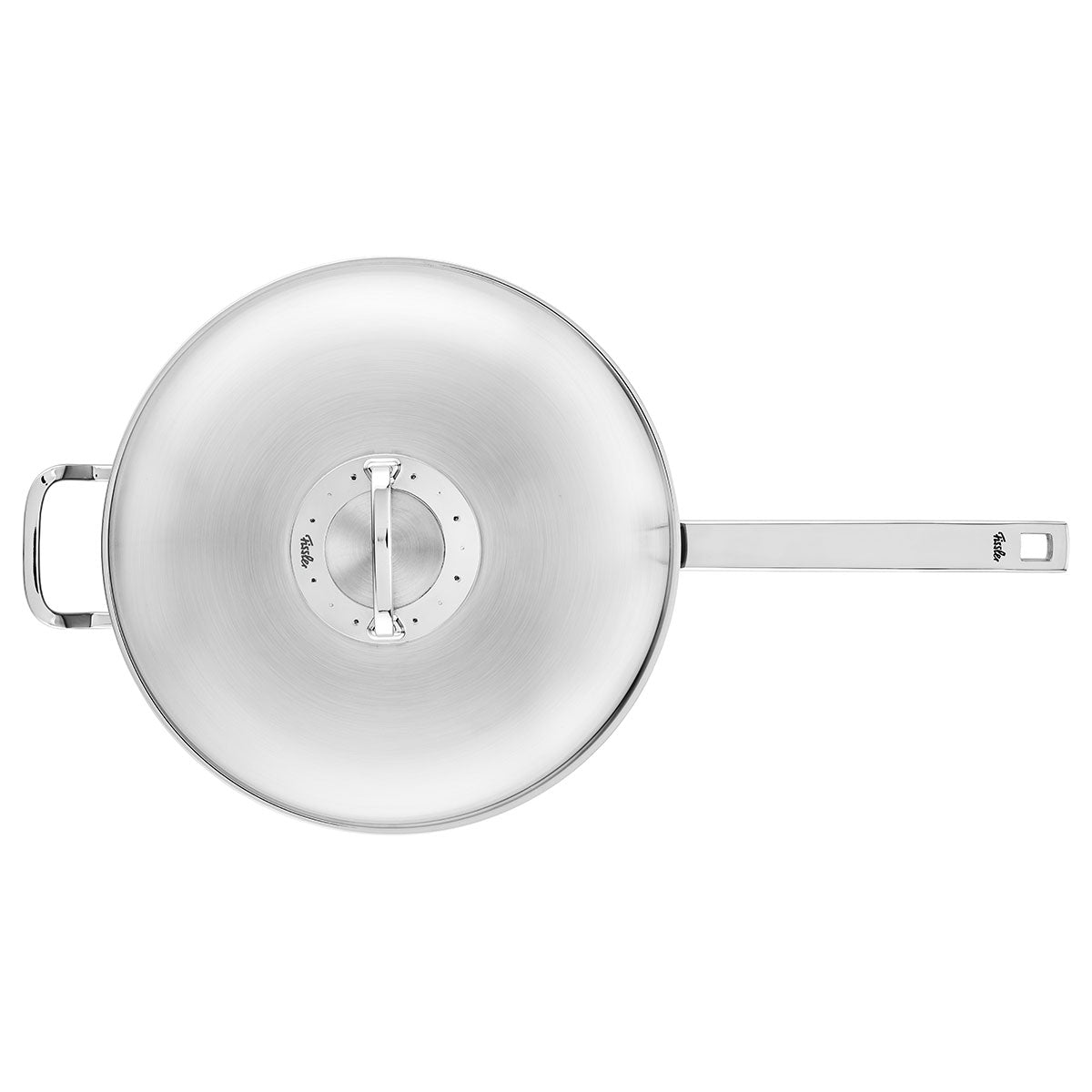Fissler Original-Profi Collection® 32cm Edelstahl-Wok von oben, gewölbter Deckel, Dampfablassknopf, Doppelgriffe. Hergestellt in Deutschland.