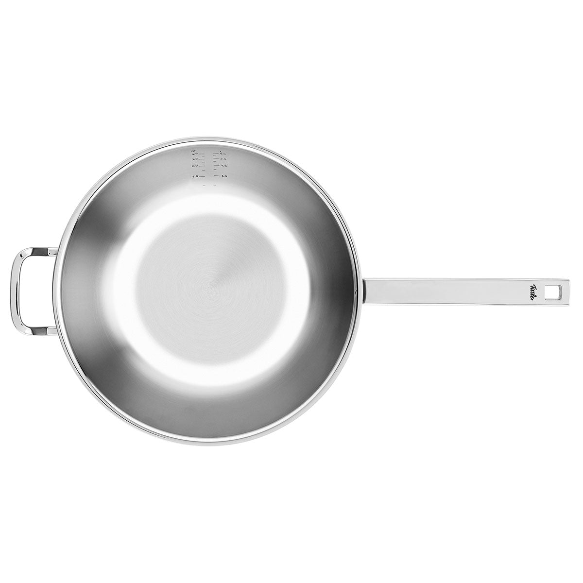 Draufsicht auf den Fissler Original-Profi Collection® Wok 32cm aus rostfreiem Edelstahl, zwei Griffe, Messmarken im Inneren.