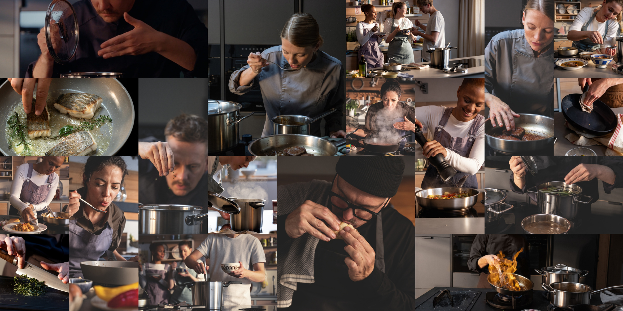 Eine Collage aus Profiköchen und Hobbyköchen, die in modernen Küchen voller Leidenschaft Gerichte zubereiten und dabei die präzise gefertigten Edelstahltöpfe, Pfannen und Schnellkochtöpfe von Fissler nutzen, um die Speisen umzurühren, zu würzen, zu probieren und zu garnieren. Flammen und sanfter Dampf steigen aus ausgewählten Pfannen auf und verdeutlichen so die Langlebigkeit und Innovationskraft unseres in Deutschland hergestellten Kochgeschirrs in Aktion.