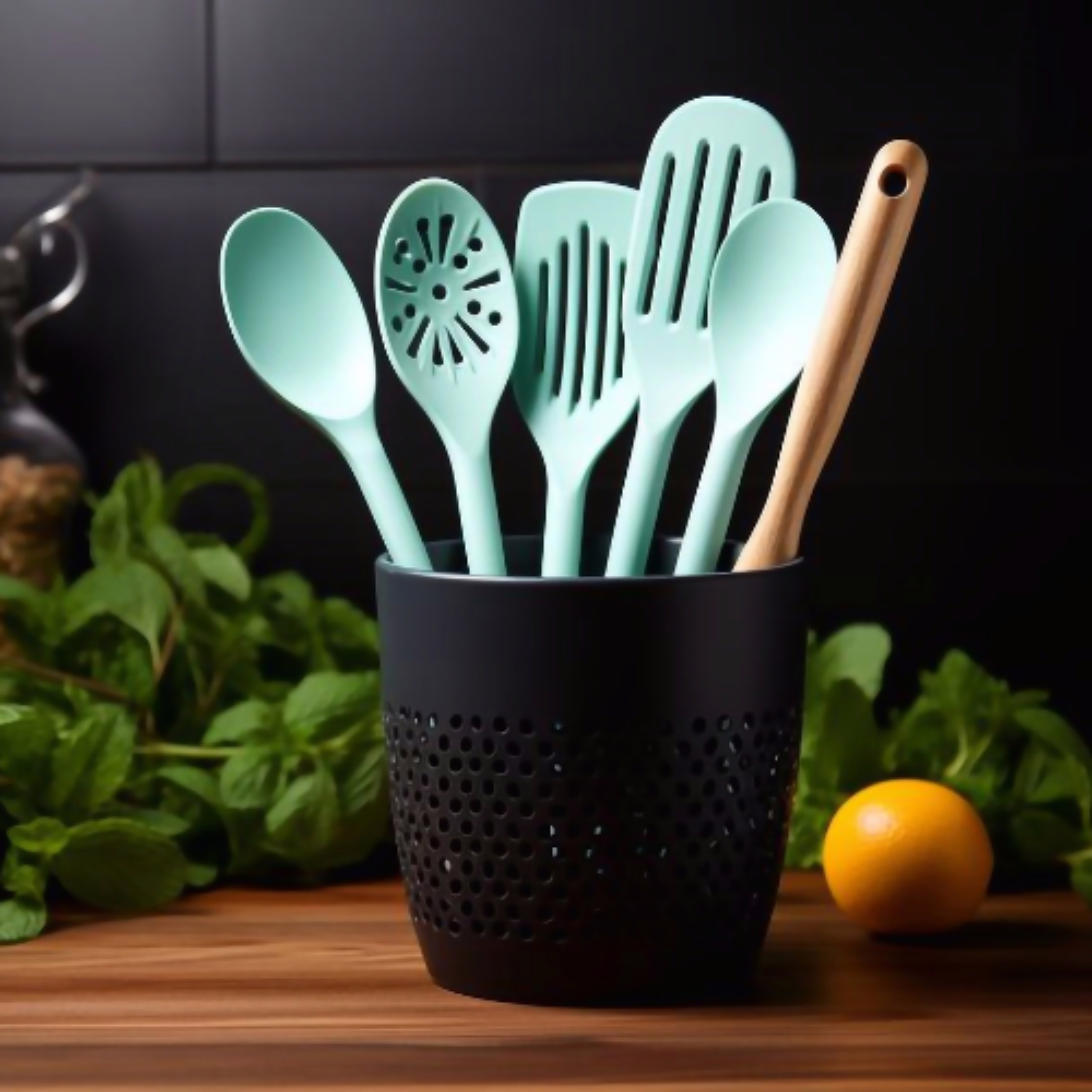 Das mintgrüne Küchenutensilien-Set von Fissler mit frischen Kräutern und Zitrone in einem eleganten schwarzen Halter auf Holz präsentiert sich in zeitlosem Design.