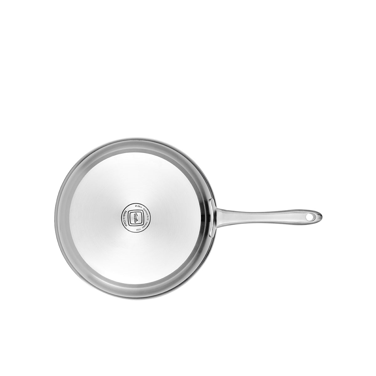 Top view of the Fissler Catania Frying Pan, stainless steel with long handle and logo, suitable for all induction cooktops.